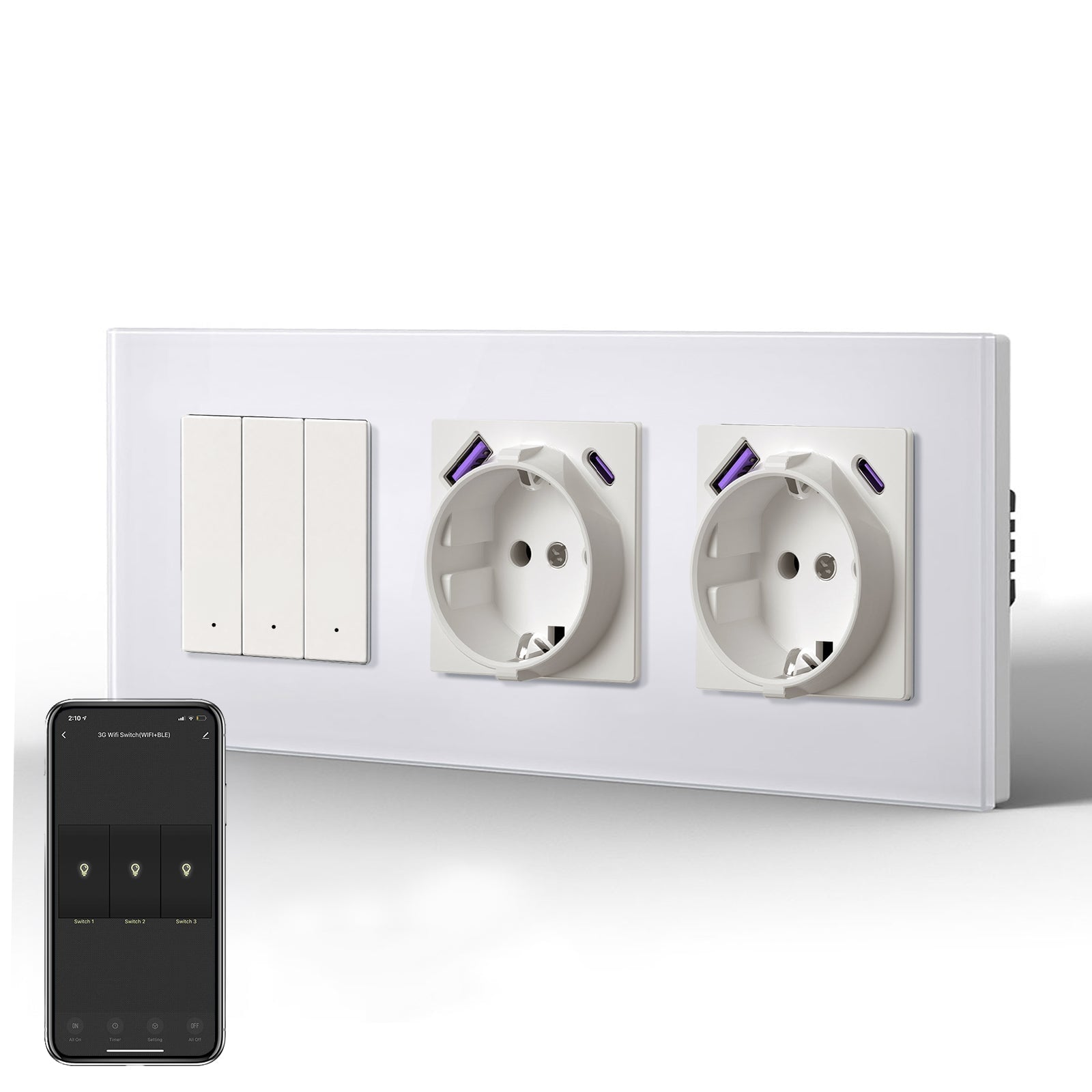 Echo Series Smart Wifi Switch With Double EU Socket with 20W usb type-c port 228mm Power Outlets & Sockets Bseedswitch White 3 Gang 