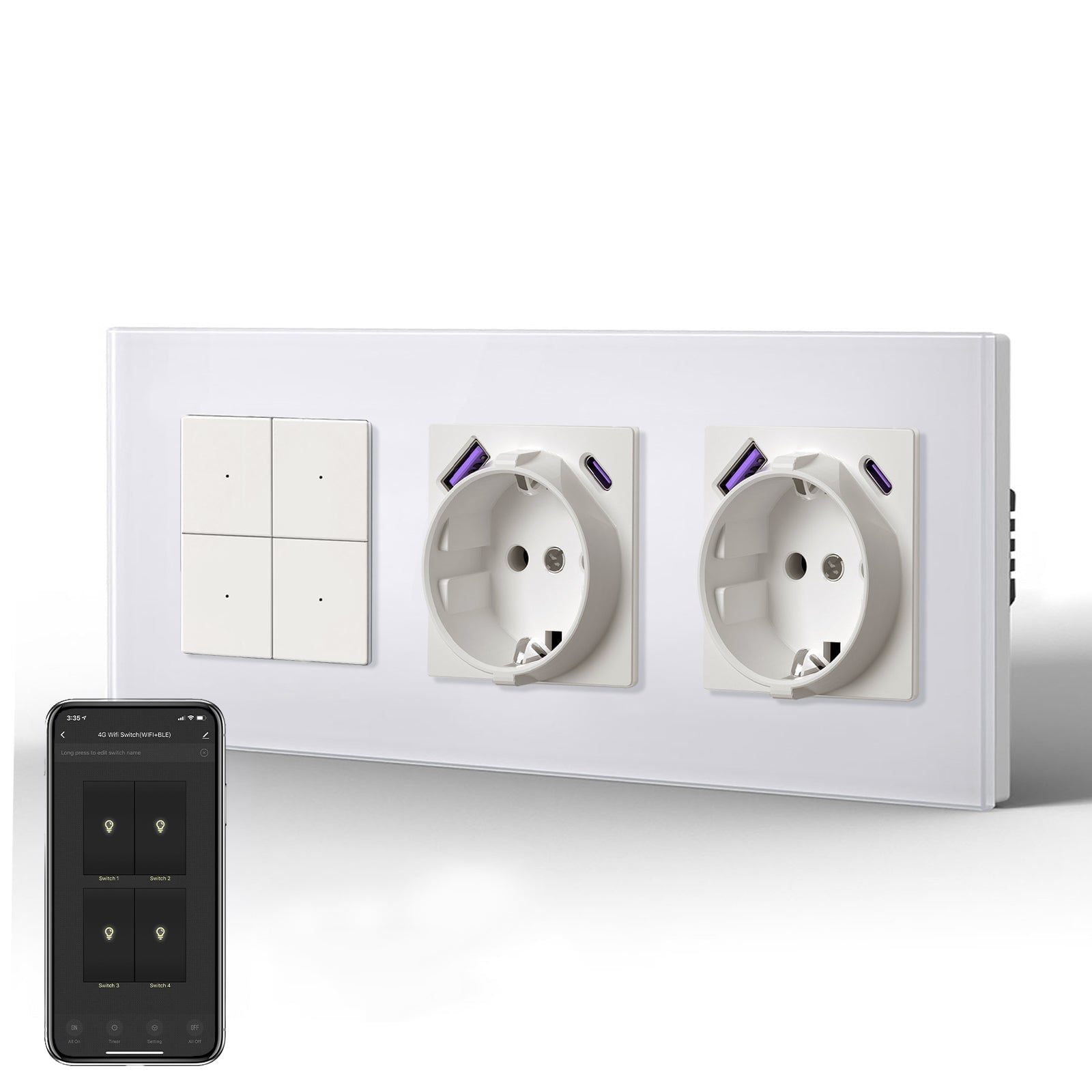 Echo Series Smart Wifi Switch With Double EU Socket with 20W usb type-c port 228mm Power Outlets & Sockets Bseedswitch White 4 Gang 