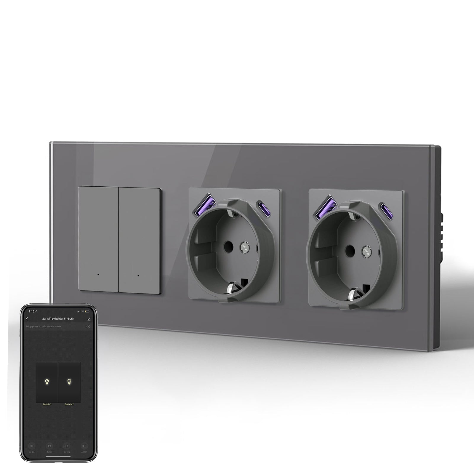 Echo Series Smart Wifi Switch With Double EU Socket with 20W usb type-c port 228mm Power Outlets & Sockets Bseedswitch Grey 2 Gang 