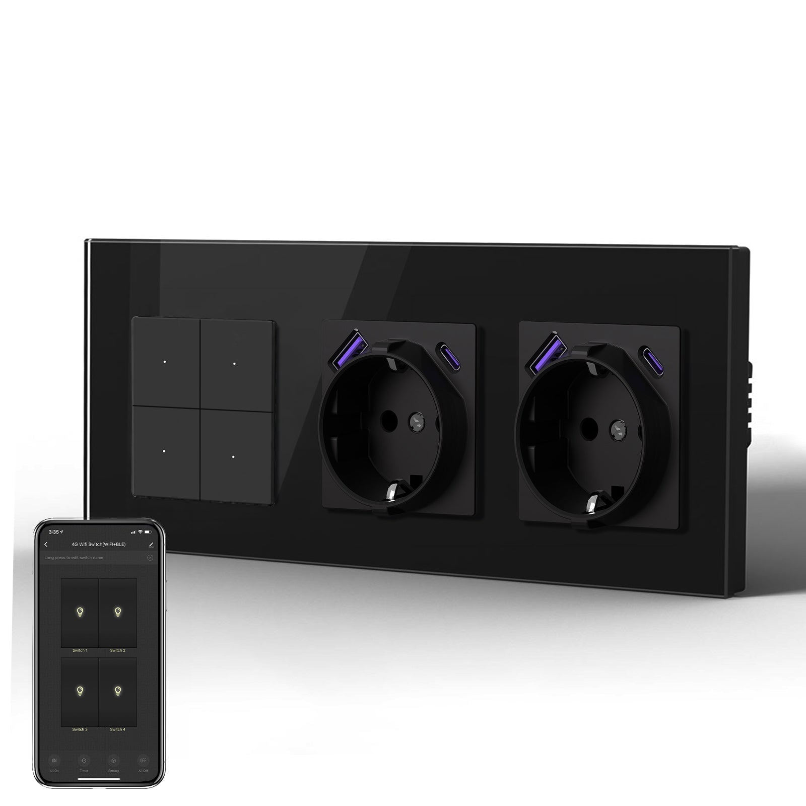 Echo Series Smart Wifi Switch With Double EU Socket with 20W usb type-c port 228mm Power Outlets & Sockets Bseedswitch Black 4 Gang 