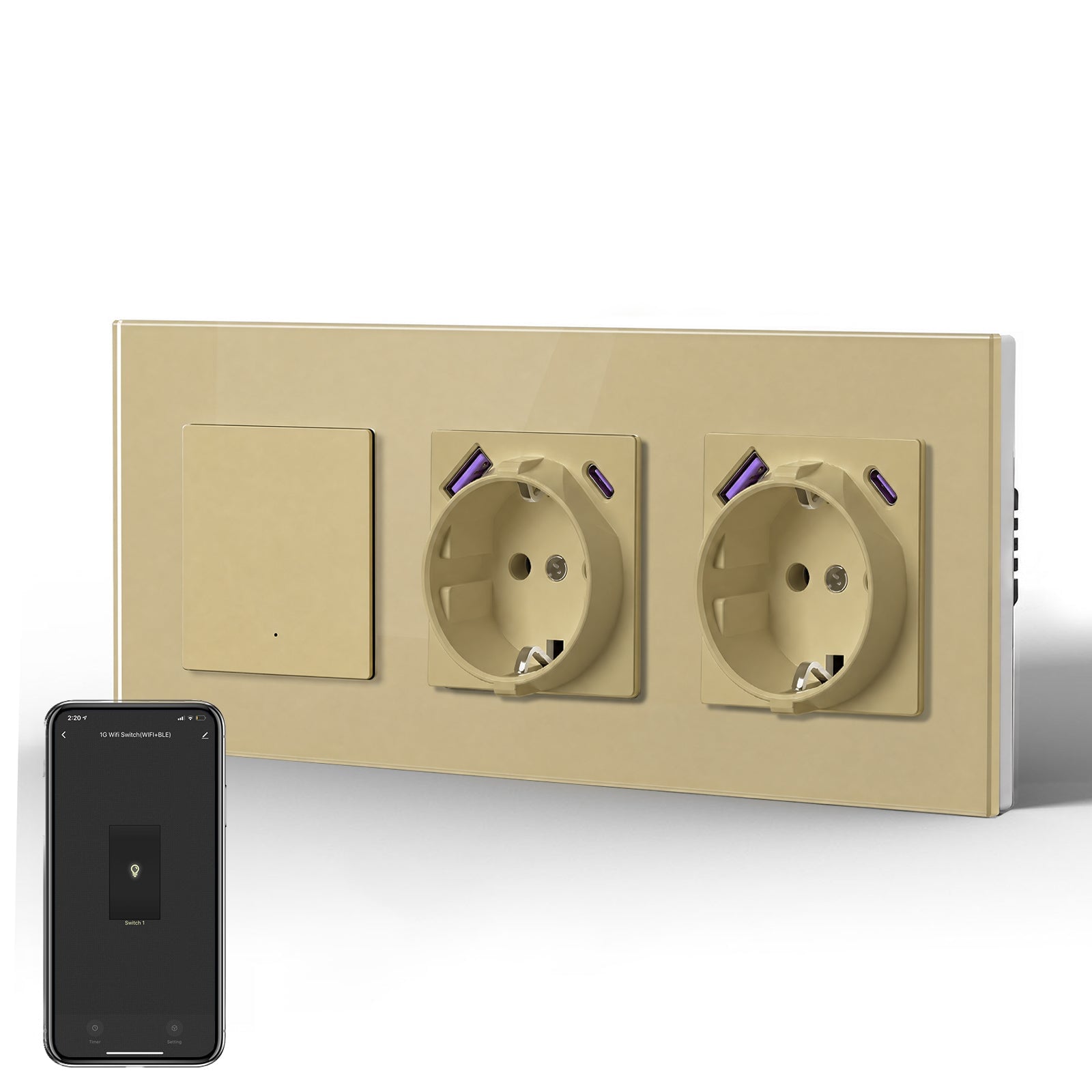 Echo Series Smart Wifi Switch With Double EU Socket with 20W usb type-c port 228mm Power Outlets & Sockets Bseedswitch Gold 1 Gang 