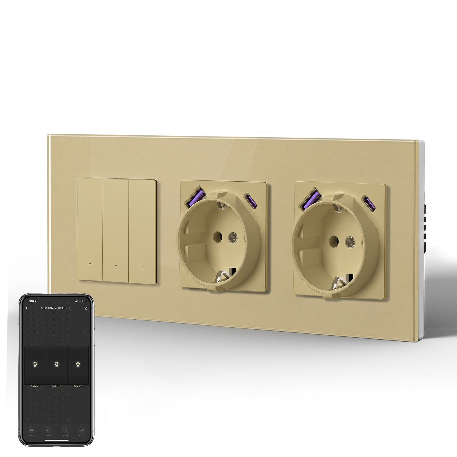 Echo Series Smart Wifi Switch With Double EU Socket with 20W usb type-c port 228mm Power Outlets & Sockets Bseedswitch Gold 3 Gang 