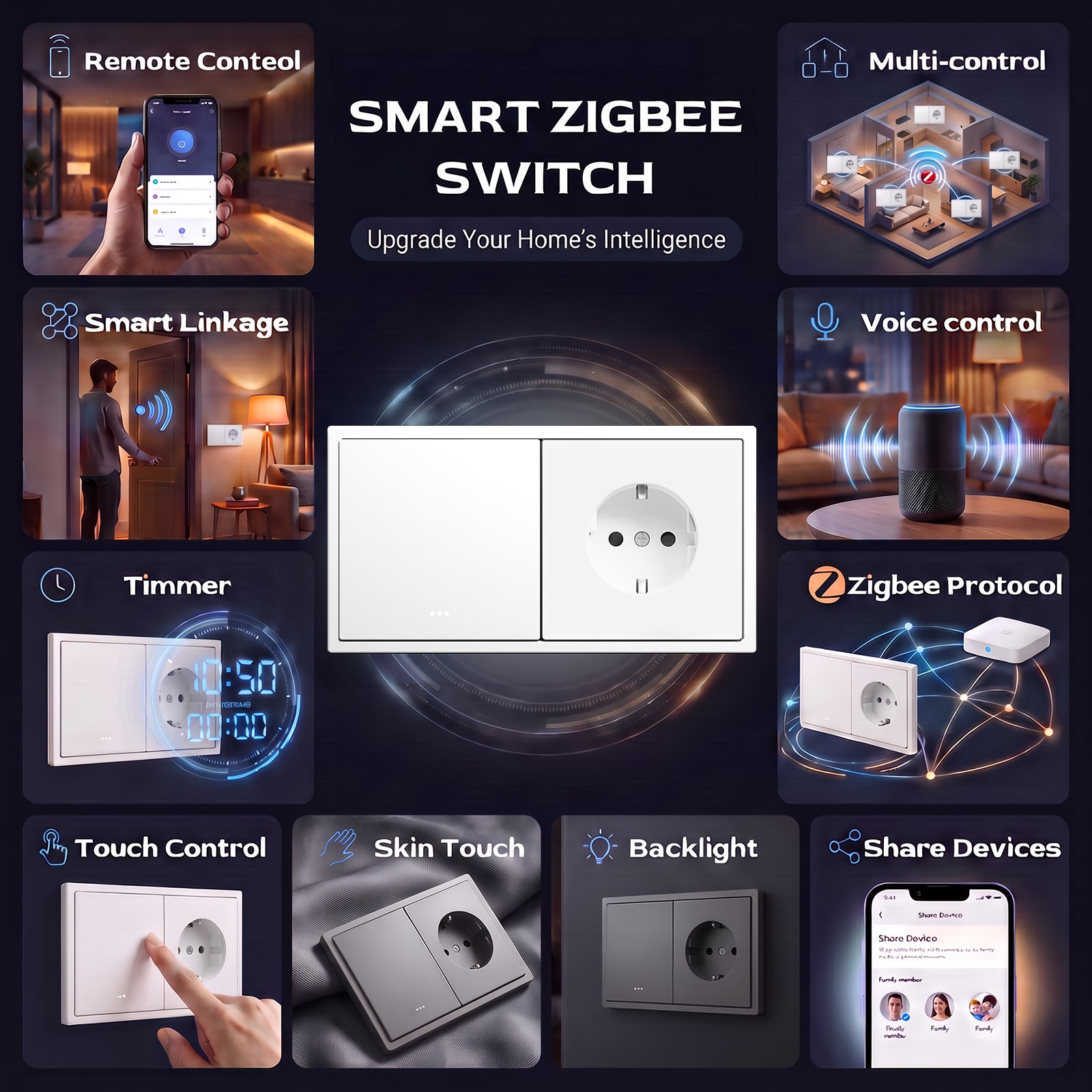BSEED Gand Series Zigbee Light Switch (With Neutral) with Normal Eu Socket