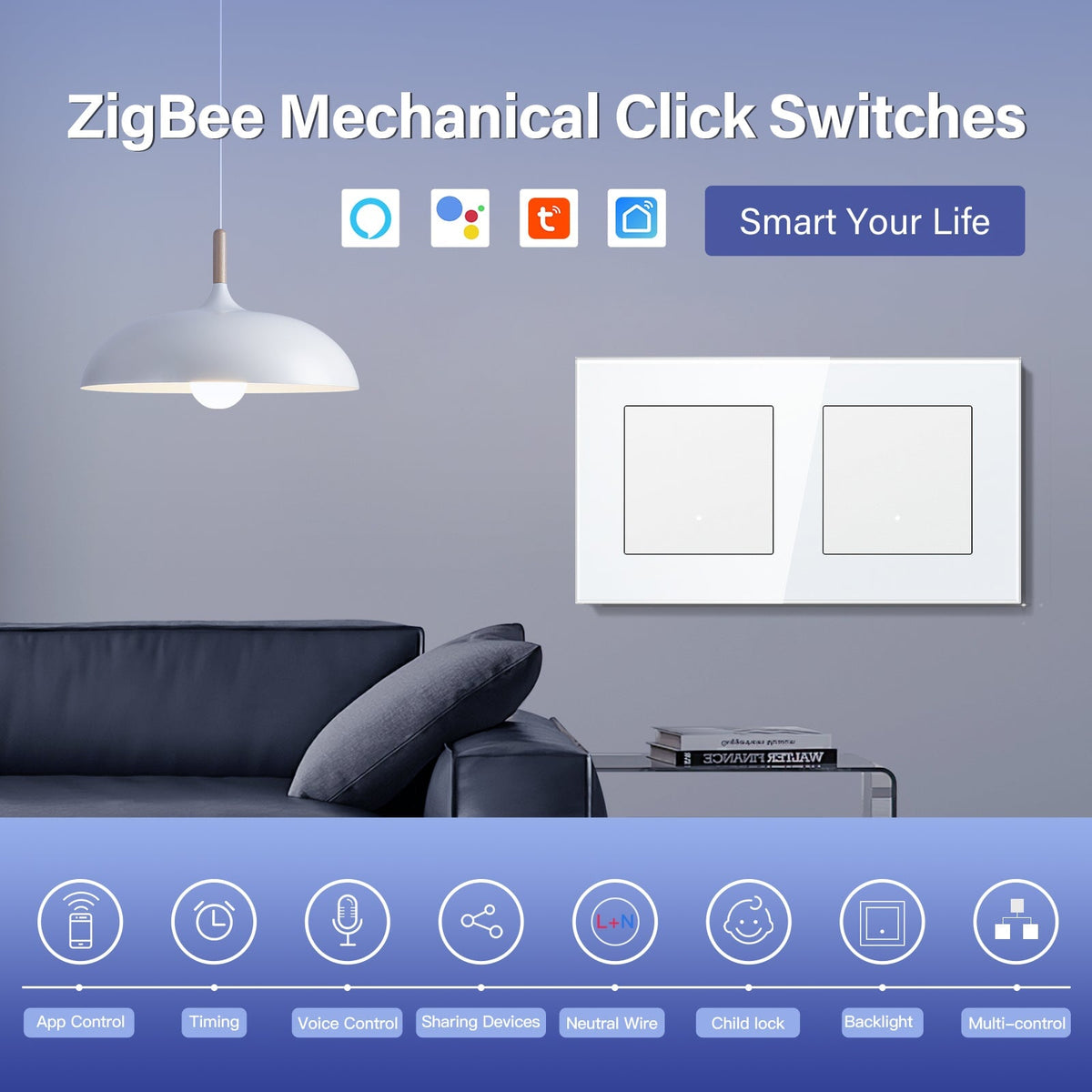 BSEED Dubbele slimme Zigbee light switch (met nuldraad) hub vereist, werkt met Tuya en Alexa light switches Bseedswitch 