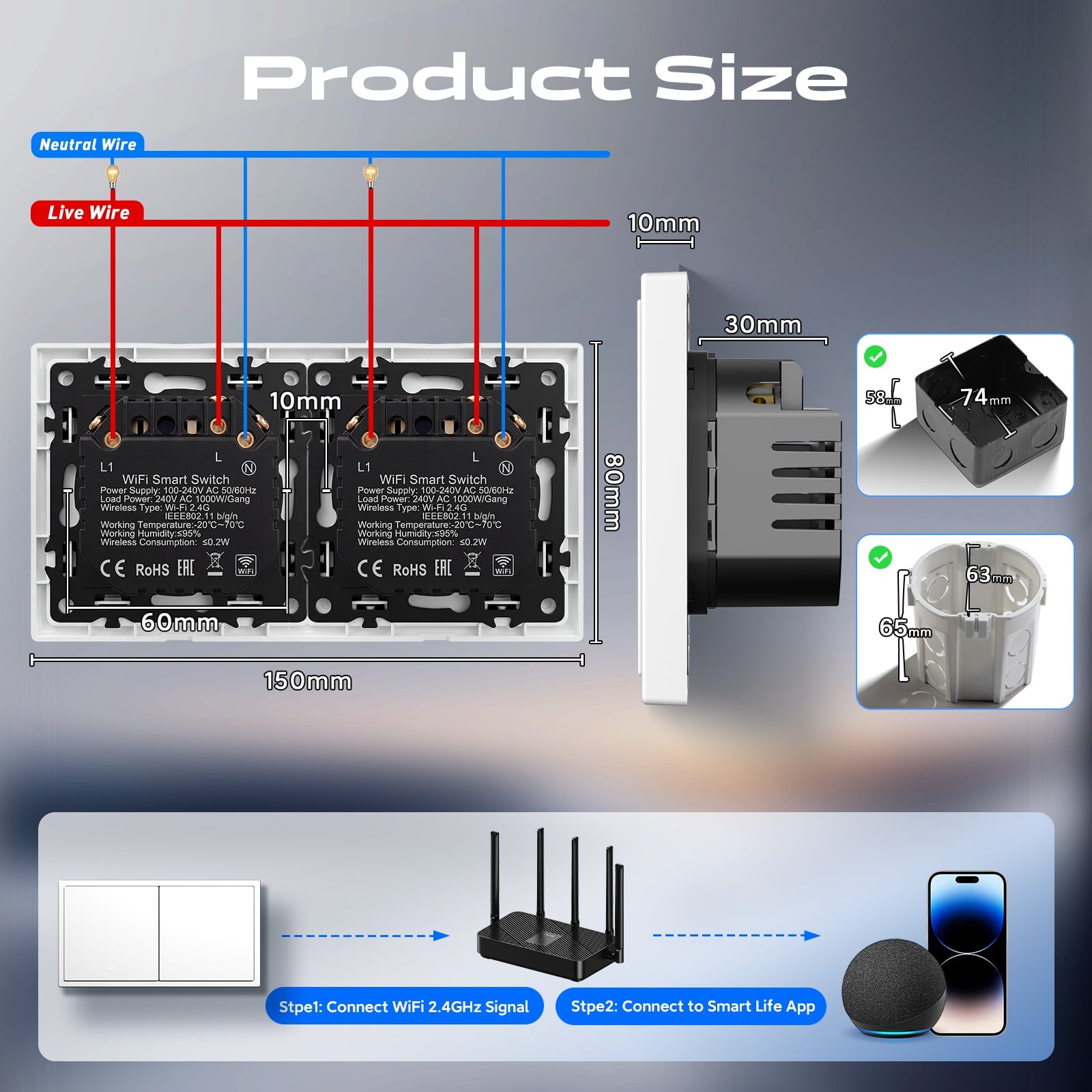 BSEED Gand Series Smart Wifi Light Switch (With Neutral) Recessed light switches Double Switch Light Switches Bseedswitch 