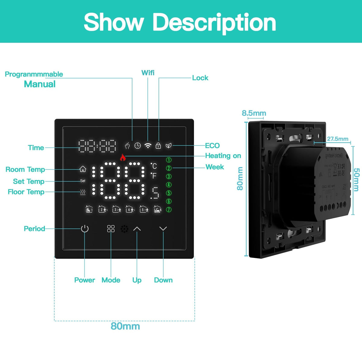 BSEED Echo Series Thermostat de sol intelligent WiFi à écran tactile LED Chauffage de pièce Contrôleur de chauffage Thermostats Bseedswitch 