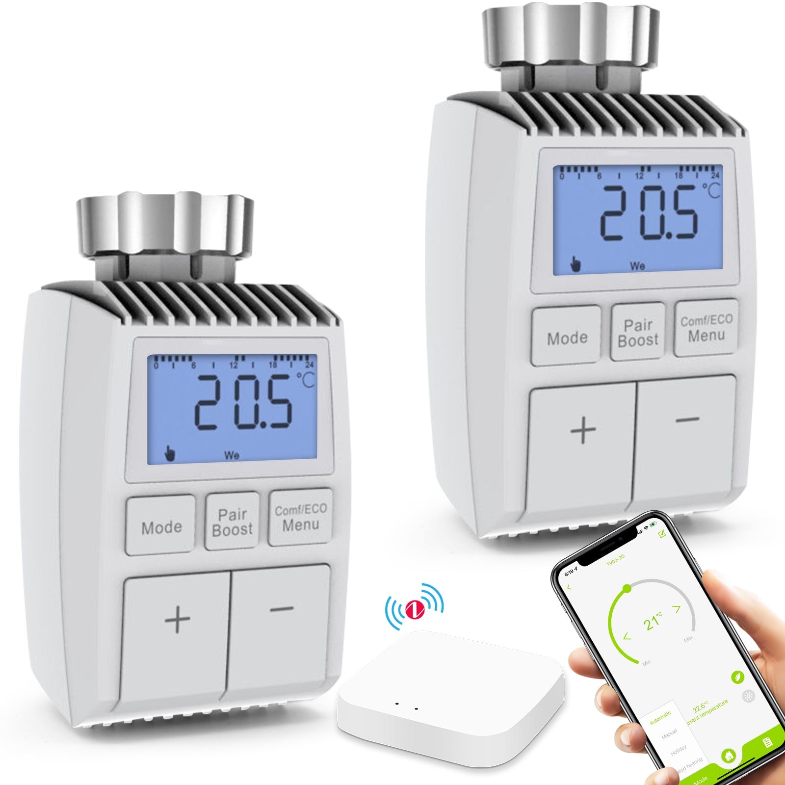 BSEED ZigBee3.0 Thermostatic Valve Smart Radiator Actuator Programmable Temperature Controller 恒温器 Bseedswitch 2PCS Temperature control valve+ gateway 