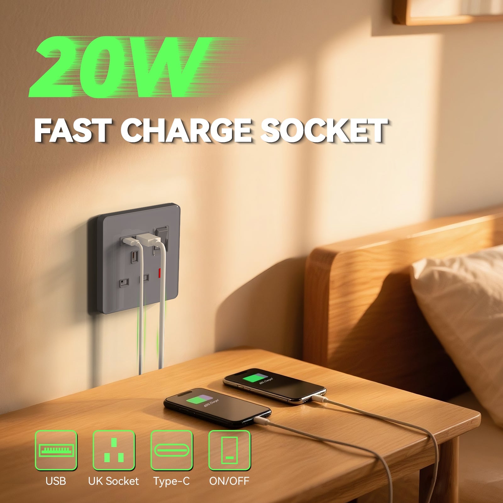 BSEED UK Standard 13A Socket with USB-C Port Electrical switch sockets for G-type plugs Power Outlets & Sockets Bseedswitch 