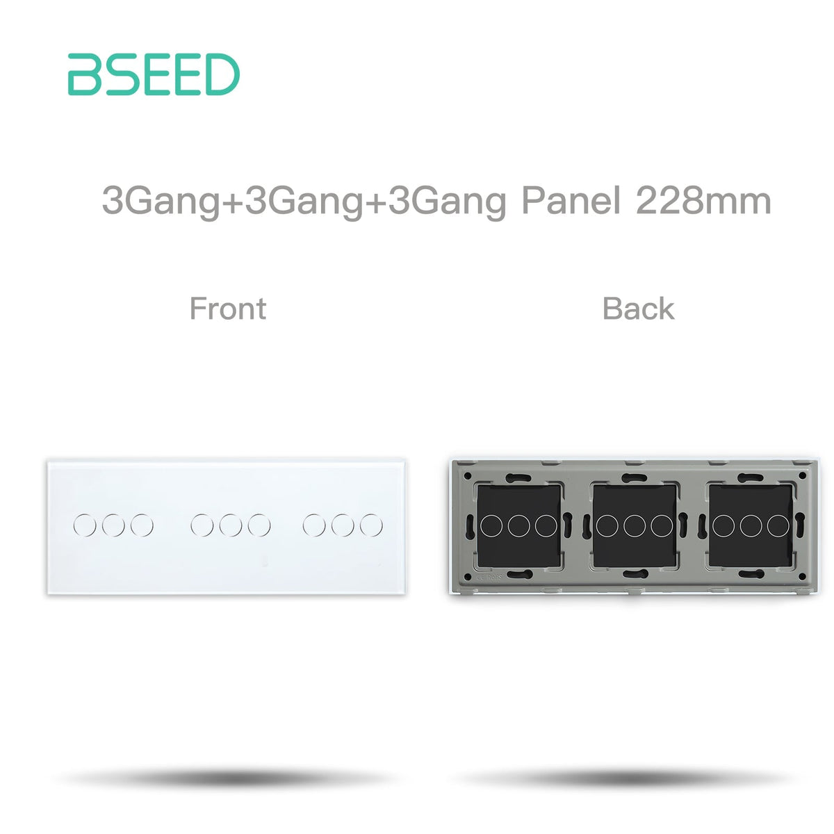 BSEED Glass Panel Only 228mm Triple 1/2/3 Gang Panel DIY with Metal Frame Light Switches Bseedswitch White 3 Gang + 3 Gang + 3 Gang 