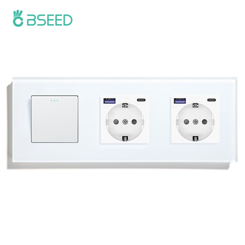 BSEED 1/2/3 Gang 1/2 Way Light Switch With Normal Eu Socket With fast charge USB-c Power Outlets & Sockets Bseedswitch White 1Gang 1Way