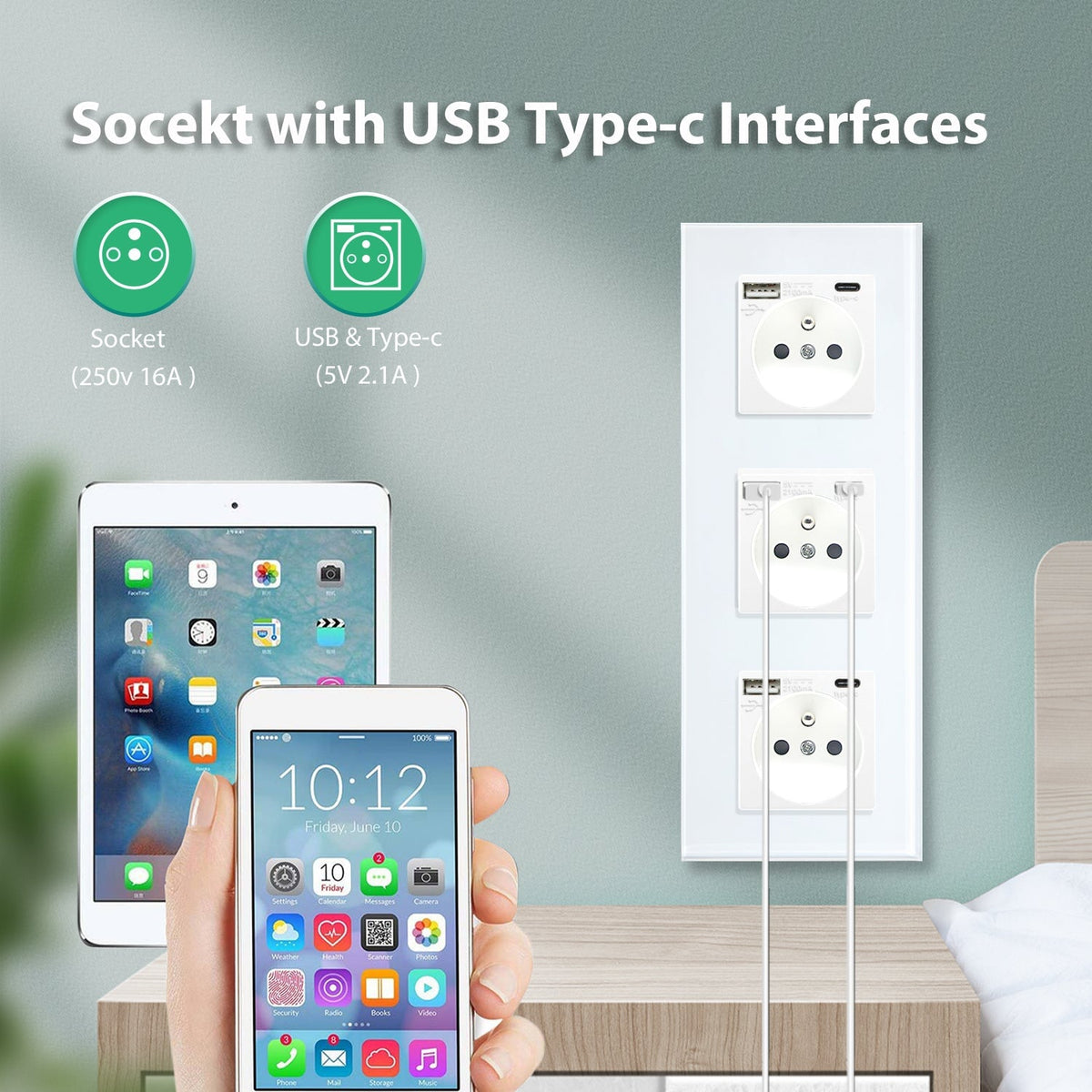 alt
BSEED FR wandcontactdozen Type-C-interface stopcontact voor wandmontage met laadpoort, met USB-stroomuitgangen, kinderveiliging, 16A afdekplaten en covers Bseedswitch 
