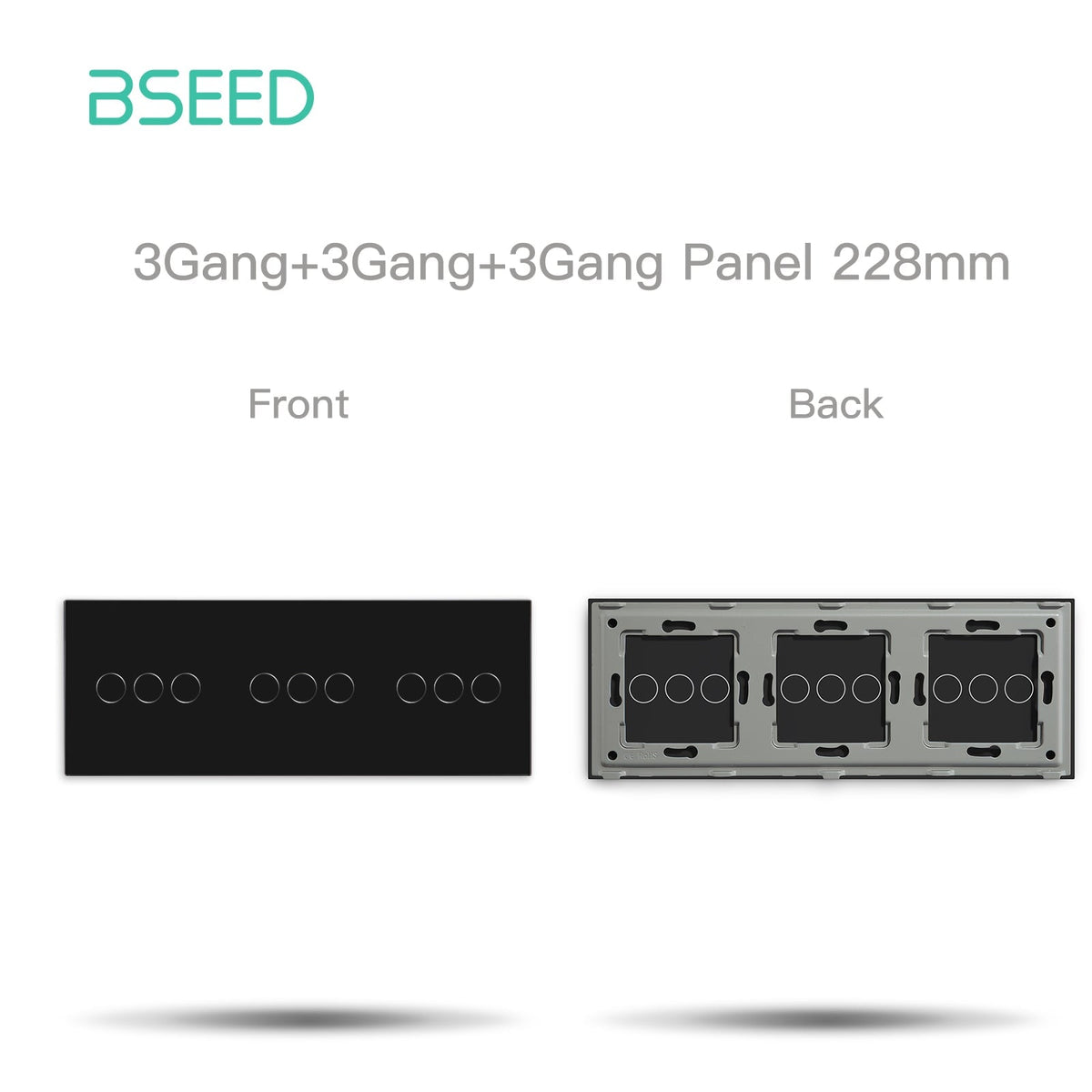 BSEED Glass Panel Only 228mm Triple 1/2/3 Gang Panel DIY with Metal Frame Light Switches Bseedswitch Black 3 Gang + 3 Gang + 3 Gang 