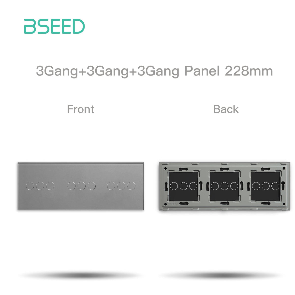 BSEED Glass Panel Only 228mm Triple 1/2/3 Gang Panel DIY with Metal Frame Light Switches Bseedswitch Grey 3 Gang + 3 Gang + 3 Gang 