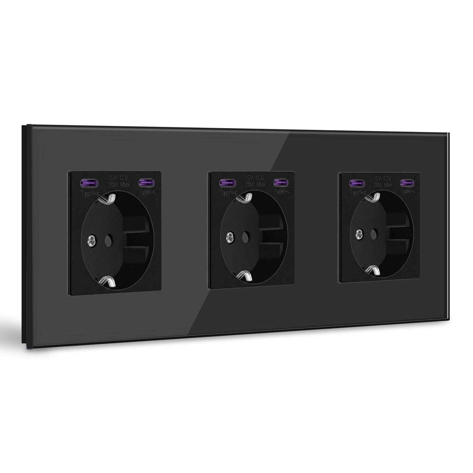 Prises UE BSEED avec double interface Type-C 20W Prise murale Panneau en plastique Prises et interrupteurs BSEED Interrupteur Noir Verre Triple