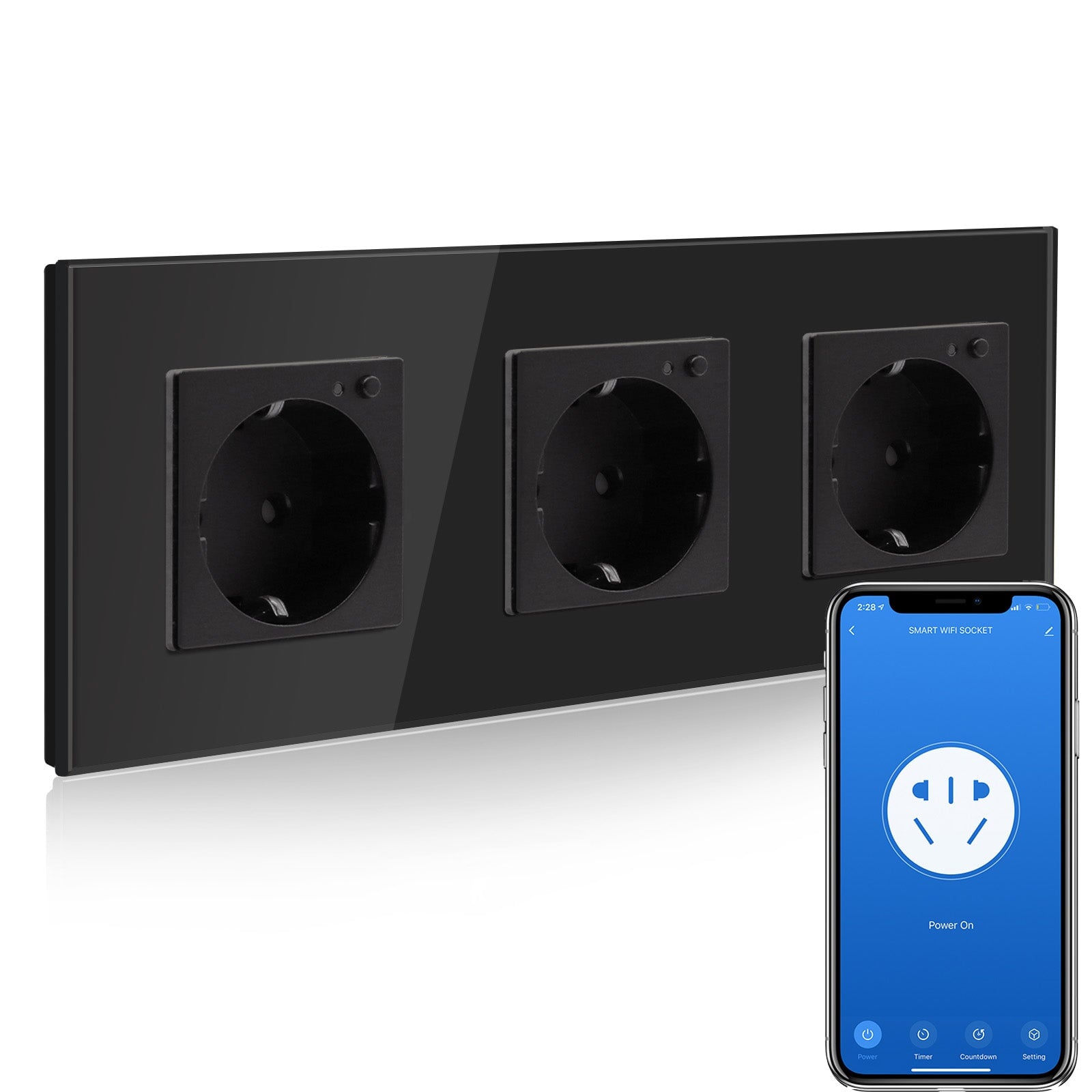 BSEED Wifi EU Wall Sockets Single Power Outlets Kids Protection Power Outlets & Sockets Bseedswitch black Triple Glass