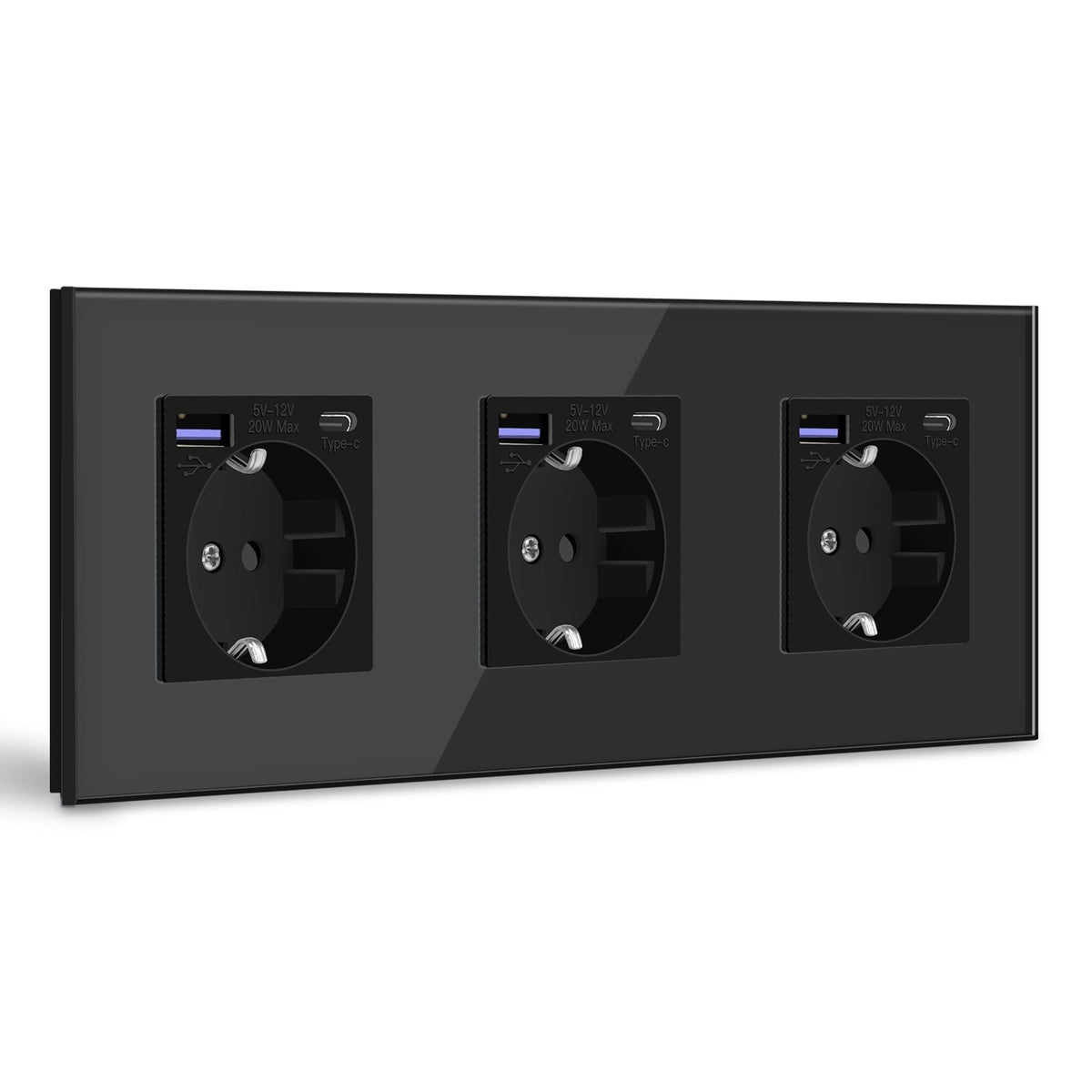 BSEED EU sockets with 20W PD Fast Charge Type-C Interface Outlet Wall Socket Power Outlets & Sockets Bseedswitch Black Glass Panel Triple