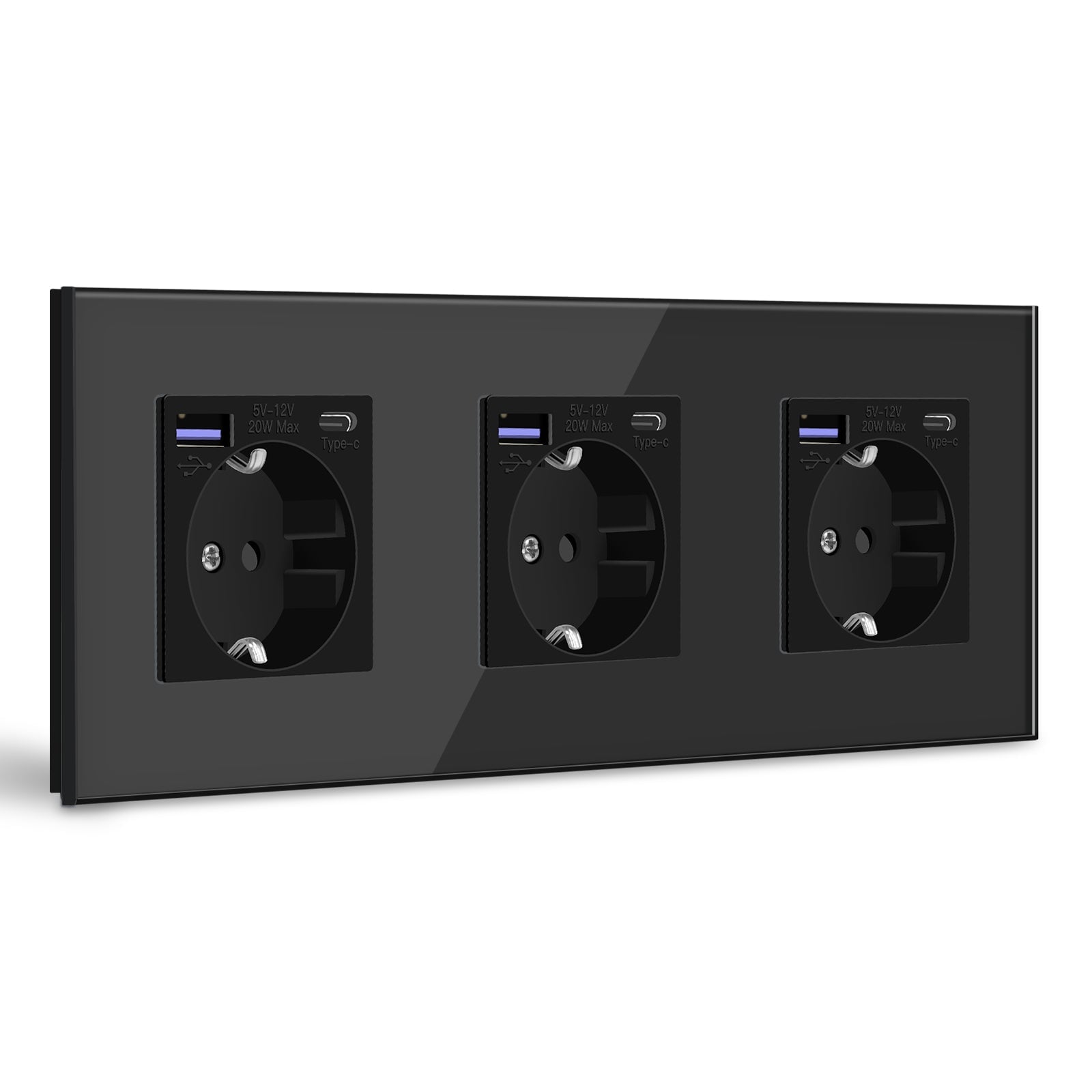 BSEED EU sockets with 20W PD Fast Charge Type-C Interface Outlet Wall Socket Power Outlets & Sockets Bseedswitch Black Glass Panel Triple