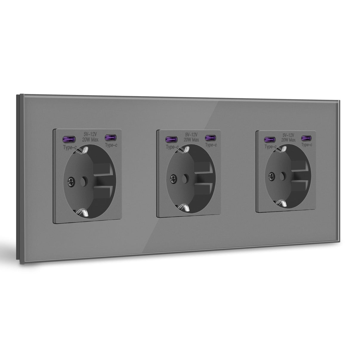 BSEED EU sockets with 20W Double Type-C Interface Outlet Wall Socket Plastic Panel Power Outlets & Sockets Bseedswitch Grey Glass Triple