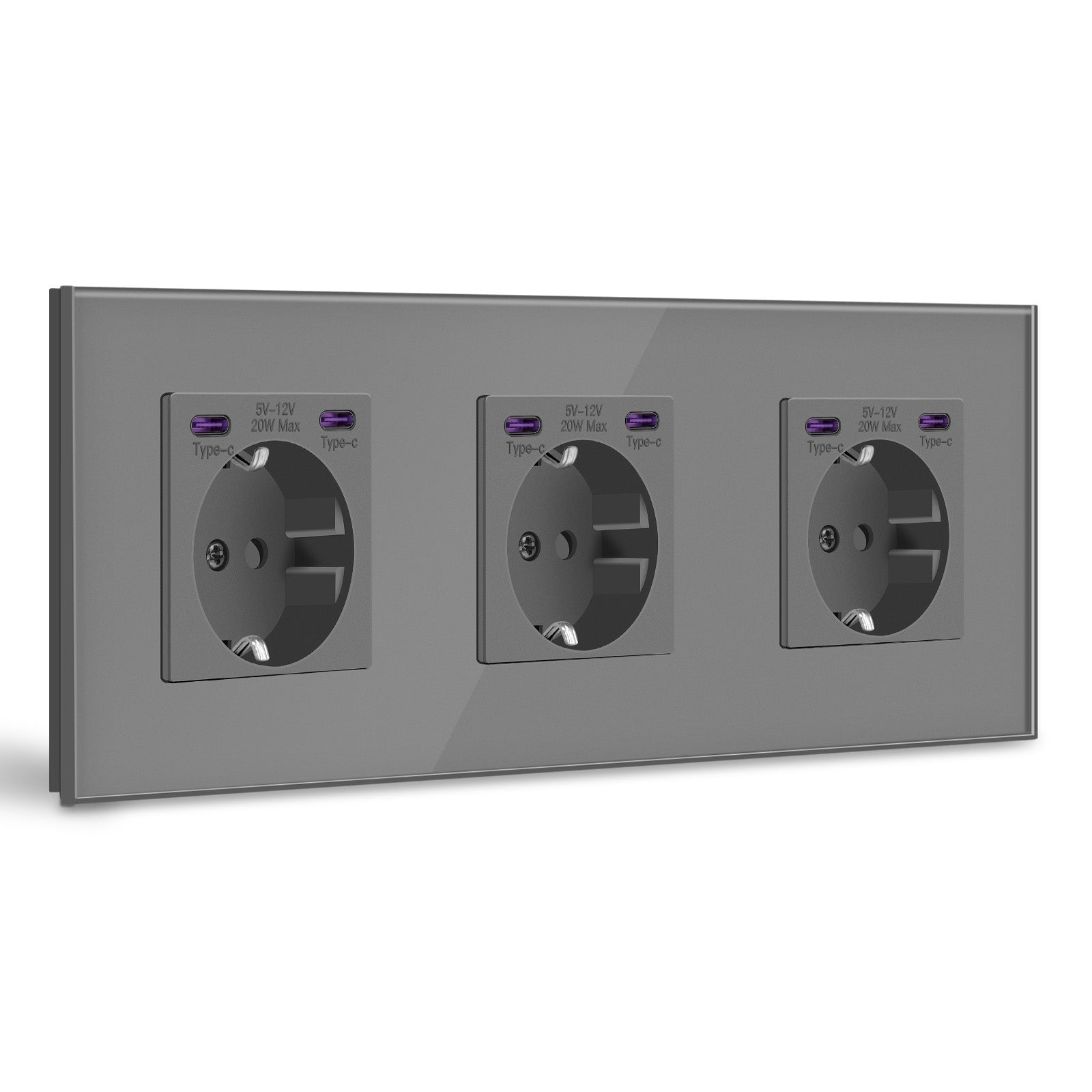 Prise murale BSEED UE avec double interface Type-C 20W, panneau en verre gris triple, prises et interrupteurs BSEEDswitch