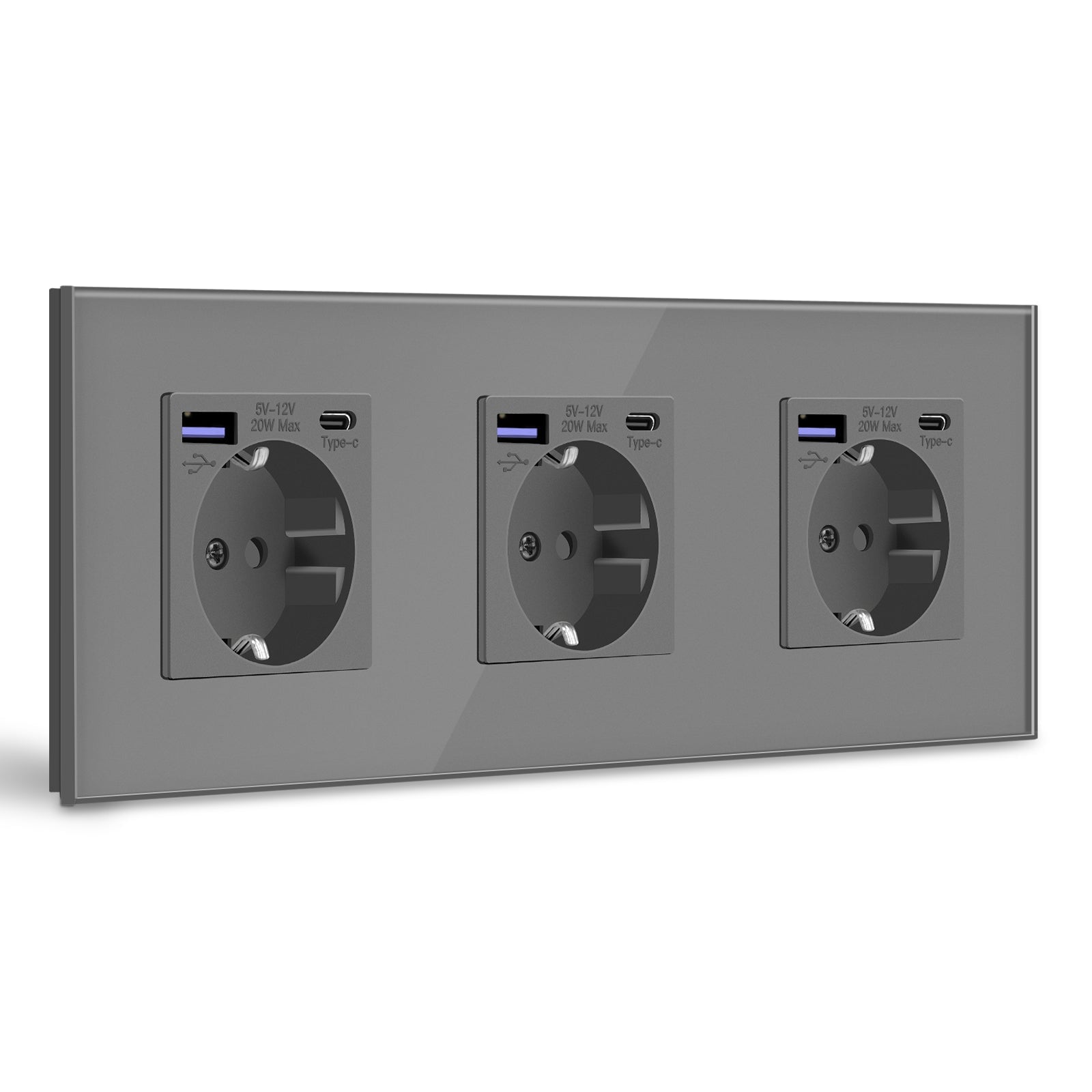 BSEED EU sockets with 20W PD Fast Charge Type-C Interface Outlet Wall Socket Power Outlets & Sockets Bseedswitch Grey Glass Panel Triple