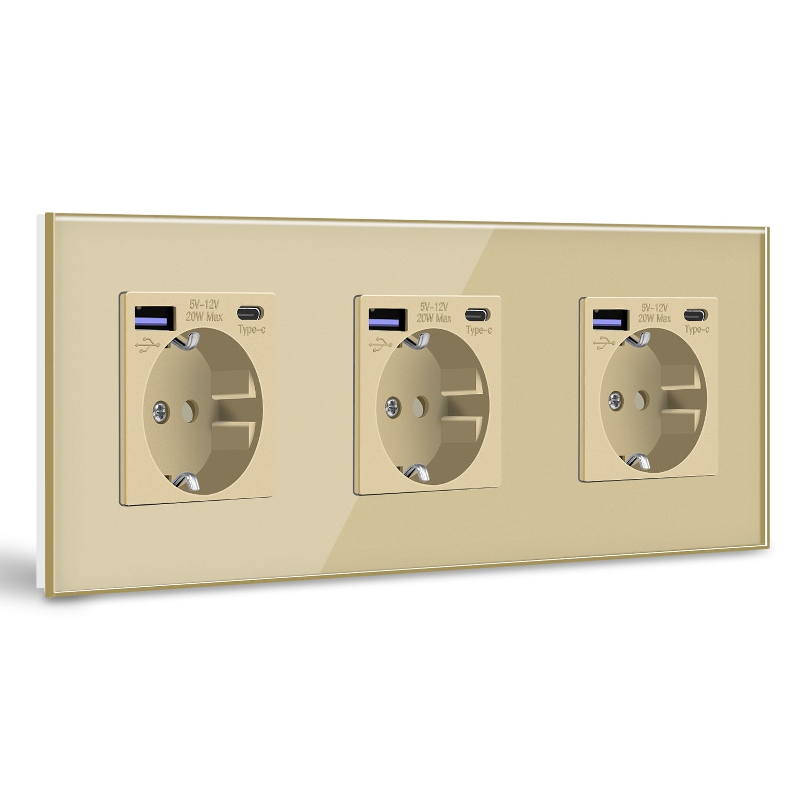 BSEED EU sockets with 20W PD Fast Charge Type-C Interface Outlet Wall Socket Power Outlets & Sockets Bseedswitch Gold Glass Panel Triple
