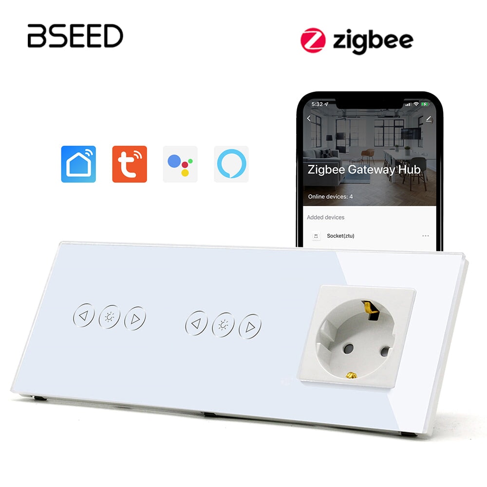 Bseed Double Zigbee Dimmer Switches With EU Standard Not Smart Wall Sockets Light Switches Bseedswitch White 