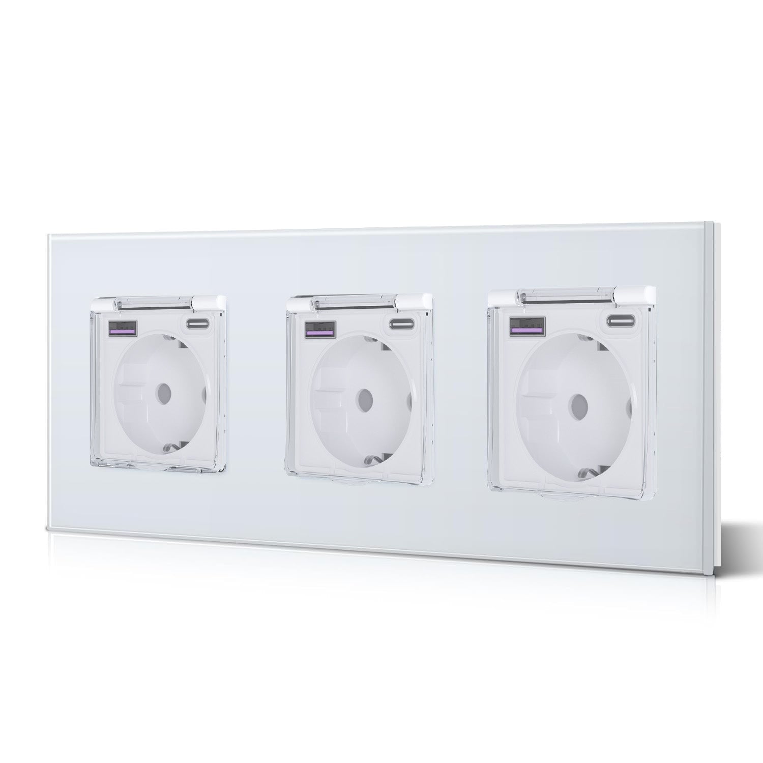 Eu Wall socket with USB Type-C changing plug with Cover Glass Panel 20W Fast Charging Power Outlets & Sockets Bseedswitch White Triple 