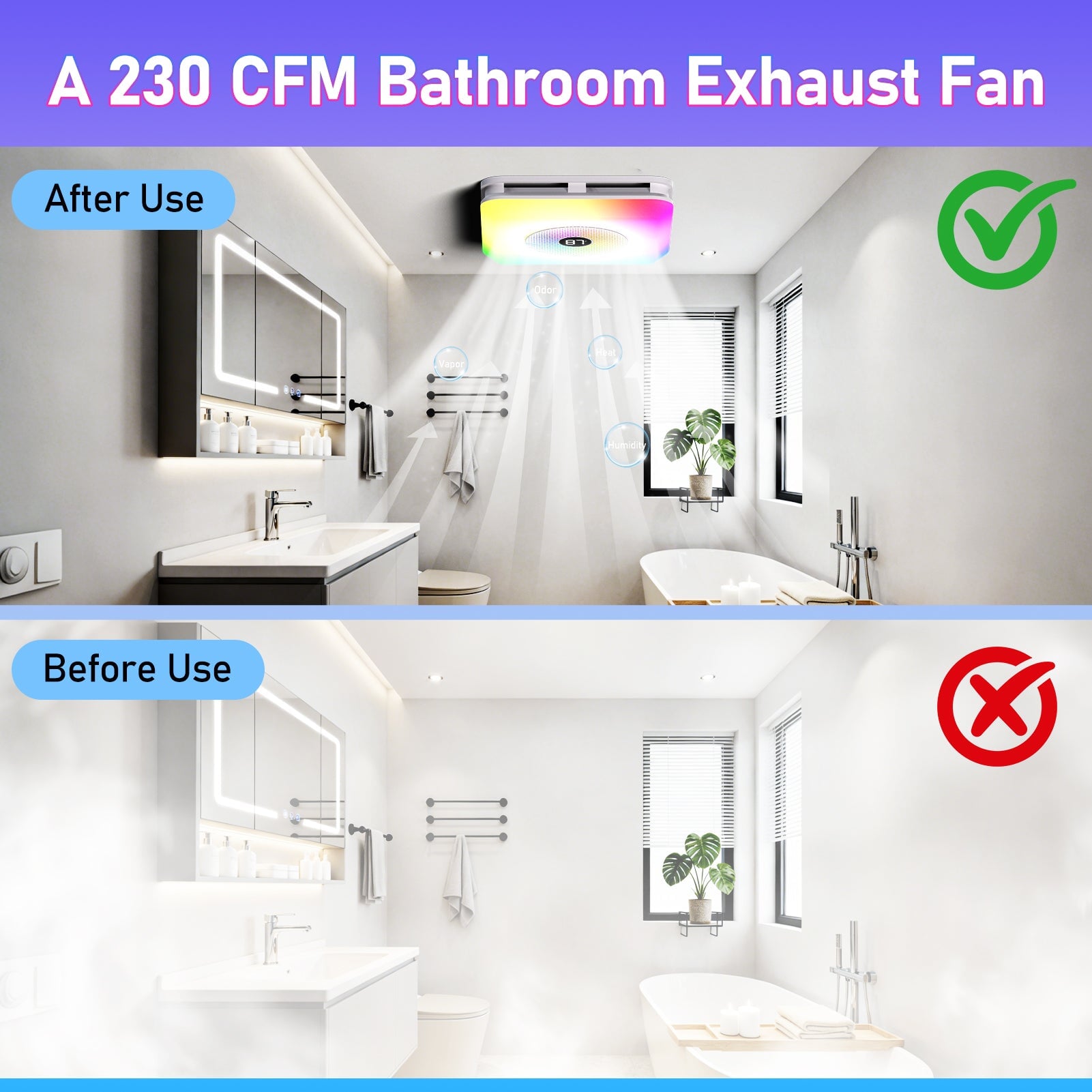 BSEED US Standards Bluetooth Ceiling/ Wall Mount Bathroom Exhaust Fan For Bathroom 230 CFM 1.5 Sone LED Light Ventilation Fans Bseed official 