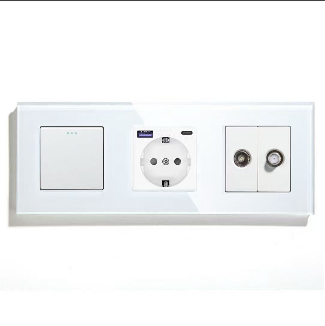 BSEED Product Customization Bseedswitch 1gang 2way switch with eu socket with 20w usb-c port with female tv socket and satellite socket 