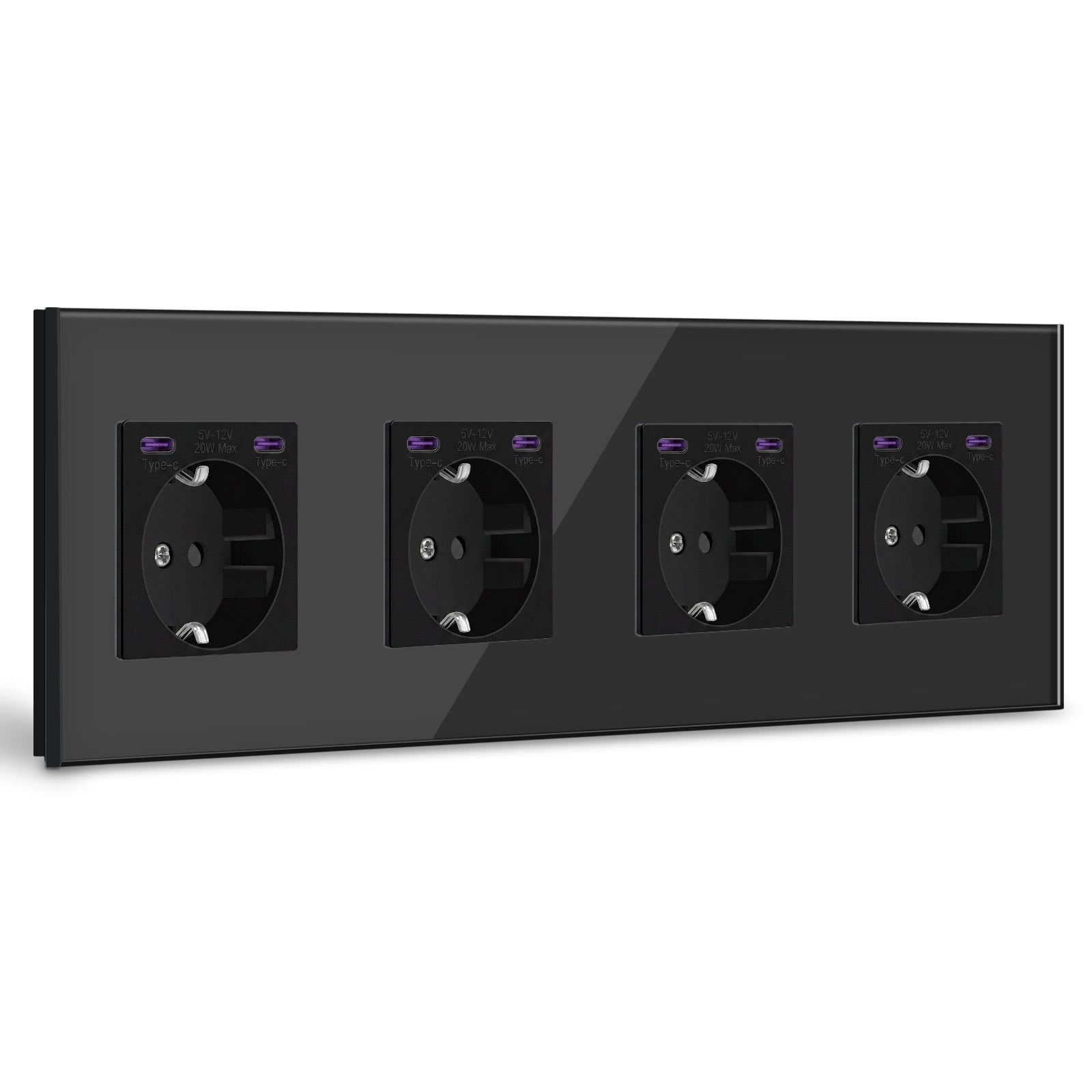 Prises murales BSEED EU avec 20W Double Interface Type-C Prise Murale Panneau en Plastique Prises et Interrupteurs BSEEDswitch Verre Noir Quadruple