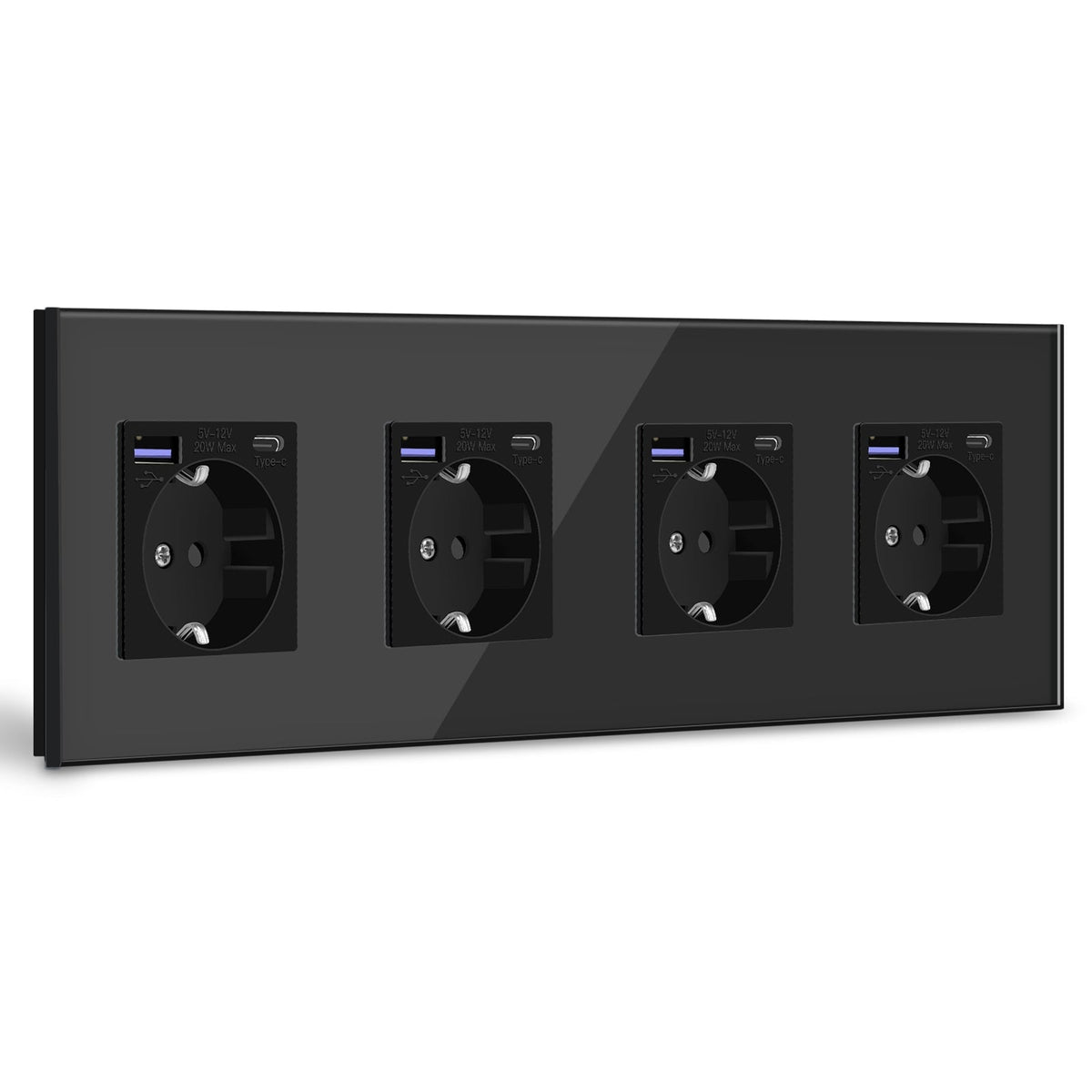 BSEED EU sockets with 20W PD Fast Charge Type-C Interface Outlet Wall Socket Power Outlets & Sockets Bseedswitch Black Glass Panel Quadruple