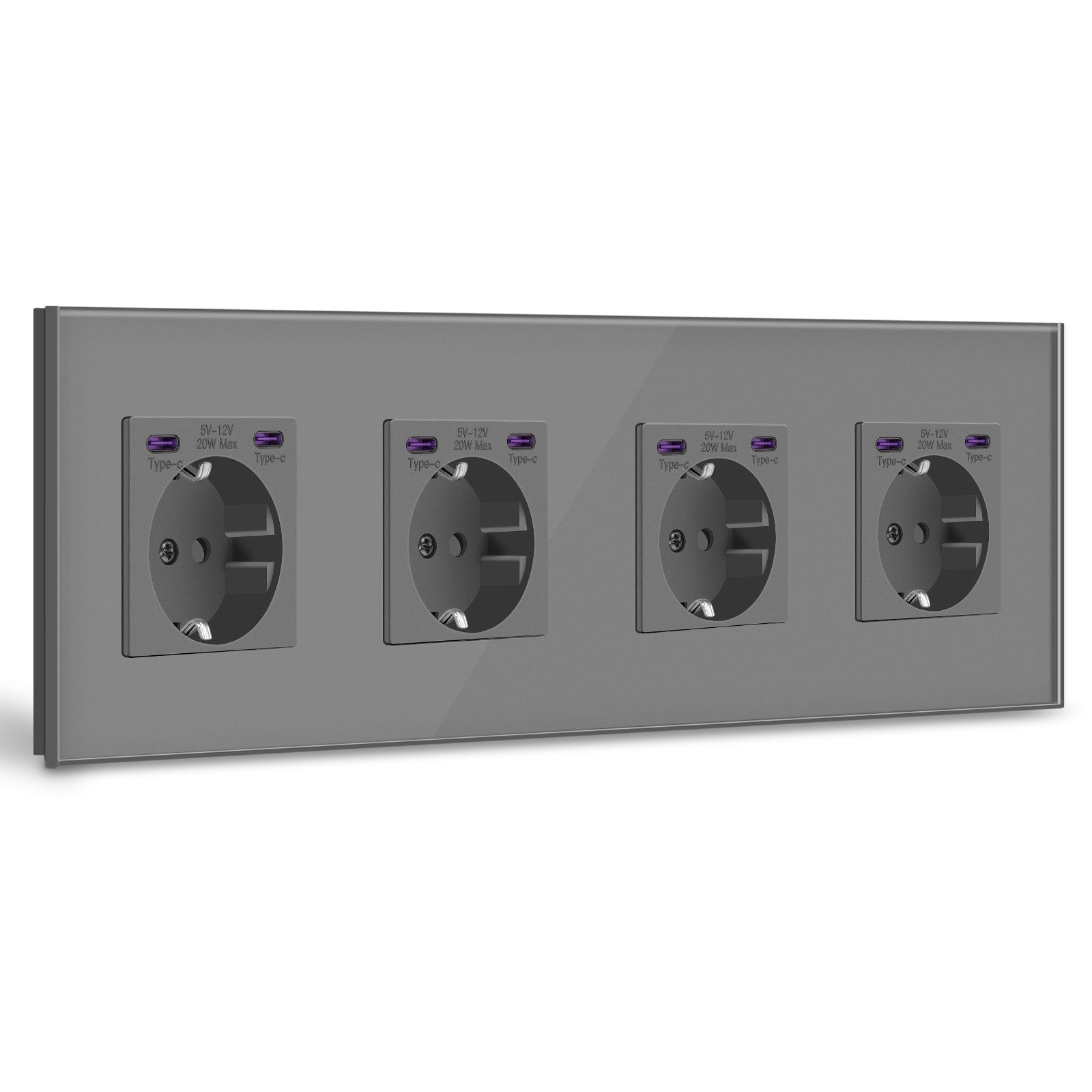 Prises murales BSEED EU avec double interface Type-C 20W, panneau en verre gris quadruple, prises et interrupteurs BSEEDswitch