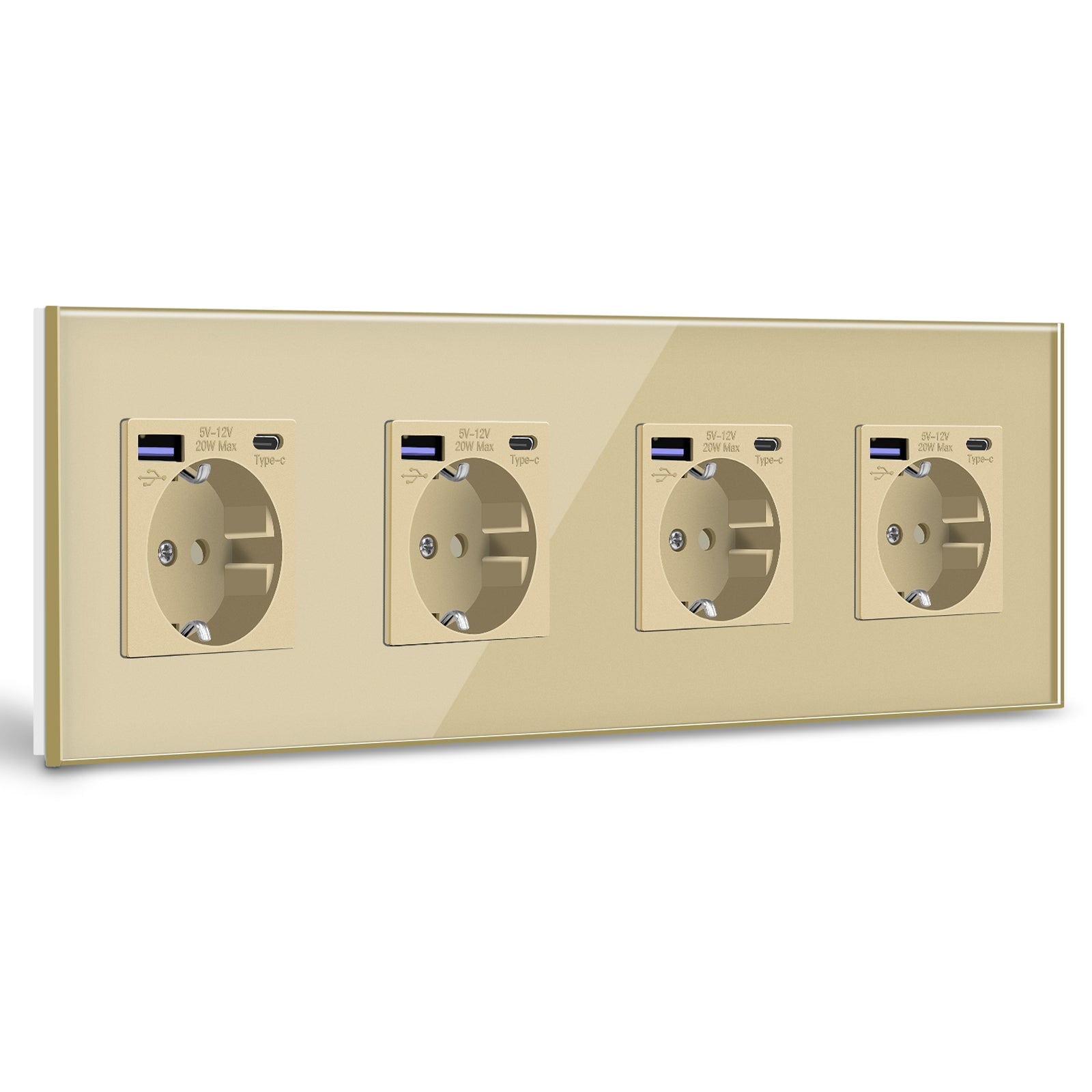 BSEED EU sockets with 20W PD Fast Charge Type-C Interface Outlet Wall Socket Power Outlets & Sockets Bseedswitch Gold Glass Panel Quadruple