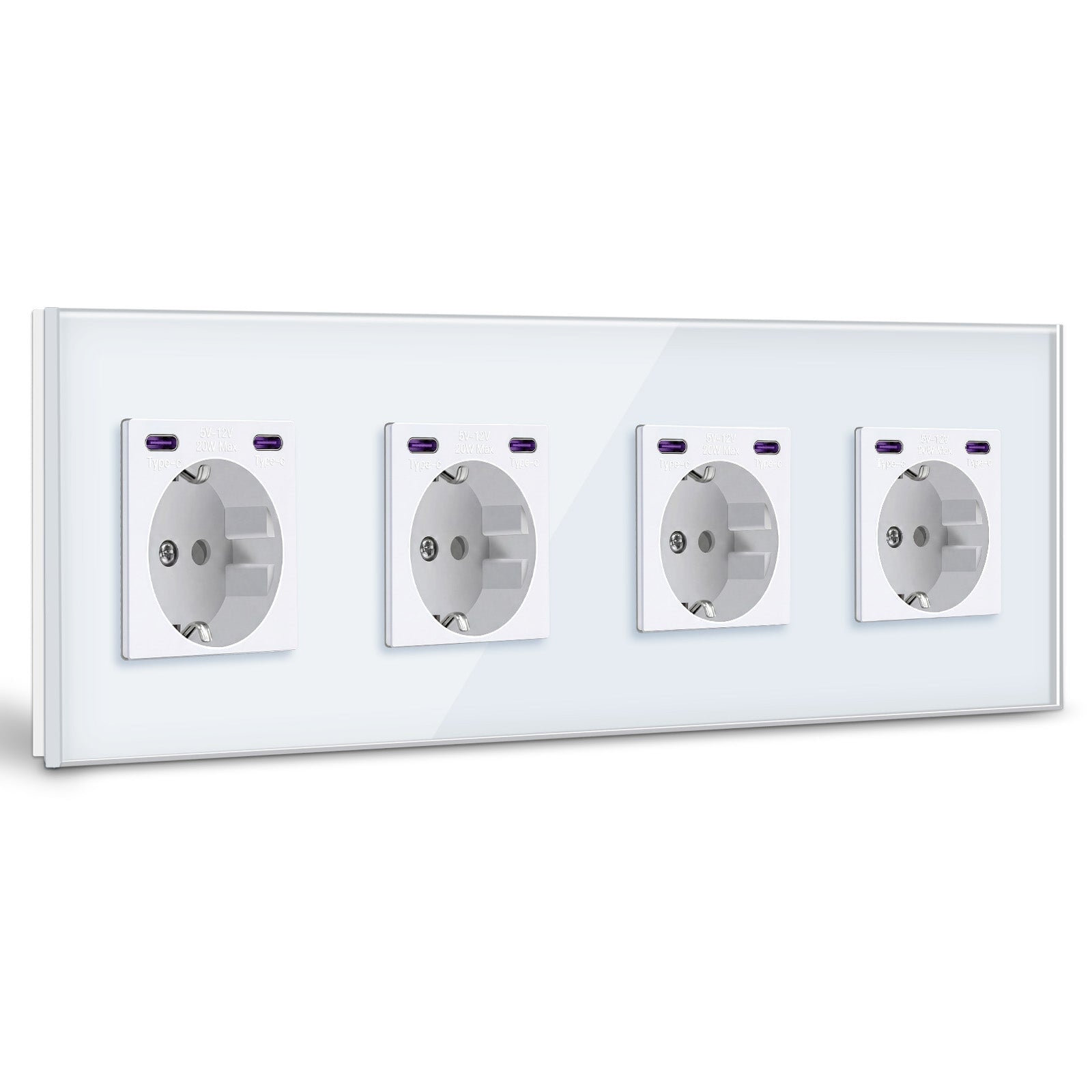 Prises murales BSEED EU avec double interface Type-C 20W, prise murale avec panneau en plastique, prises et interrupteurs BSEEDswitch en verre blanc quadruple