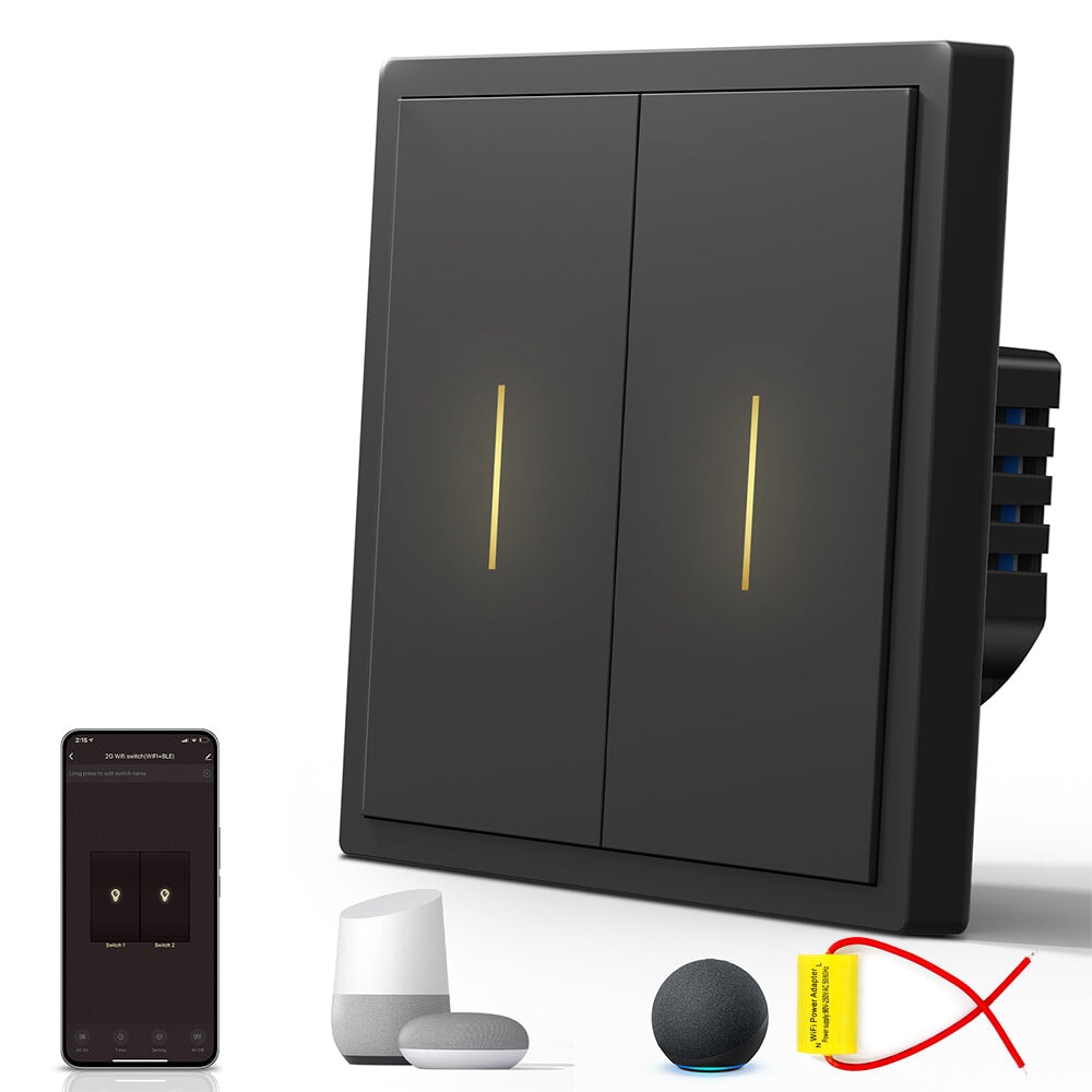 BSEED Scale Series Smart Wifi Light Switch Work With Alexa Google Assistant (No Neutral) Light Switches Bseedswitch Black 2 Gang 1 PCS/Pack