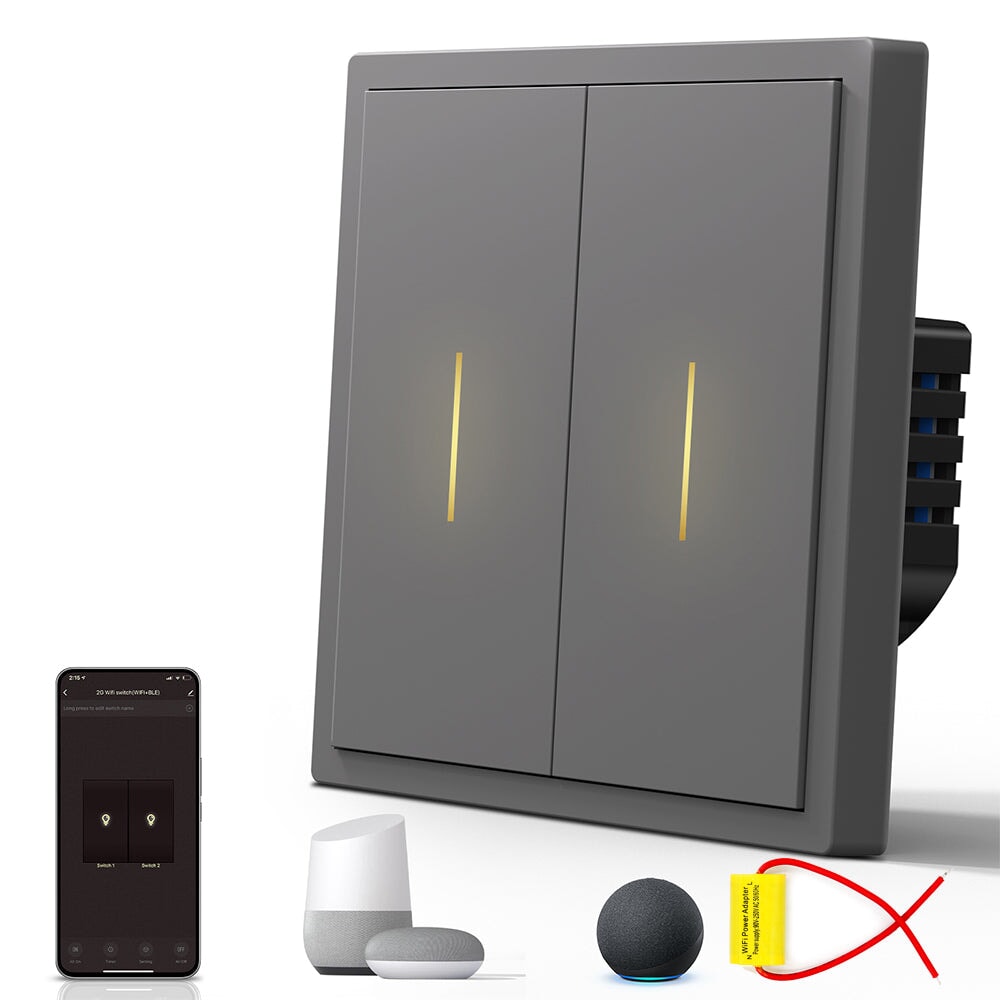BSEED Scale Series Smart Wifi Light Switch Work With Alexa Google Assistant (No Neutral) Light Switches Bseedswitch Grey 2 Gang 1 PCS/Pack