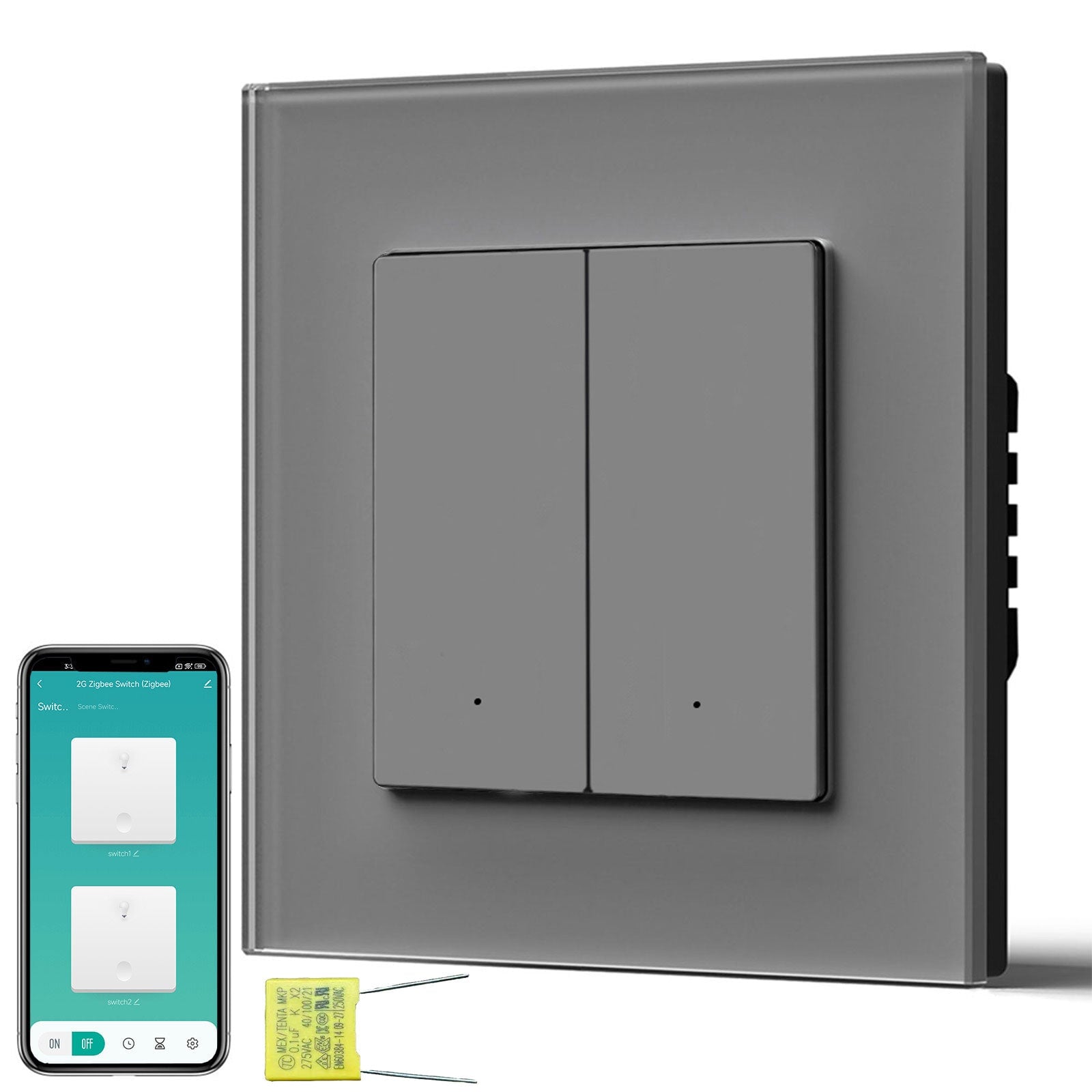 BSEED Echo Smart Zigbee Light Switch (No Neutral) Hub required Switch Light Switches Bseedswitch Grey Glass 2 Gang