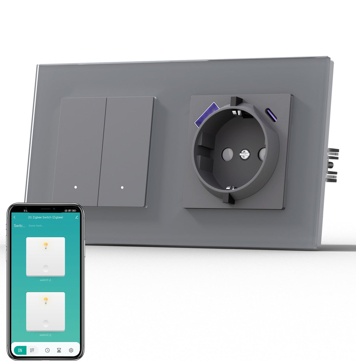 BSEED Smart Zigbee Light Switch (With Neutral) Socket With USB C 20W Fast Charge Light Switches Bseedswitch Grey 2 Gang 