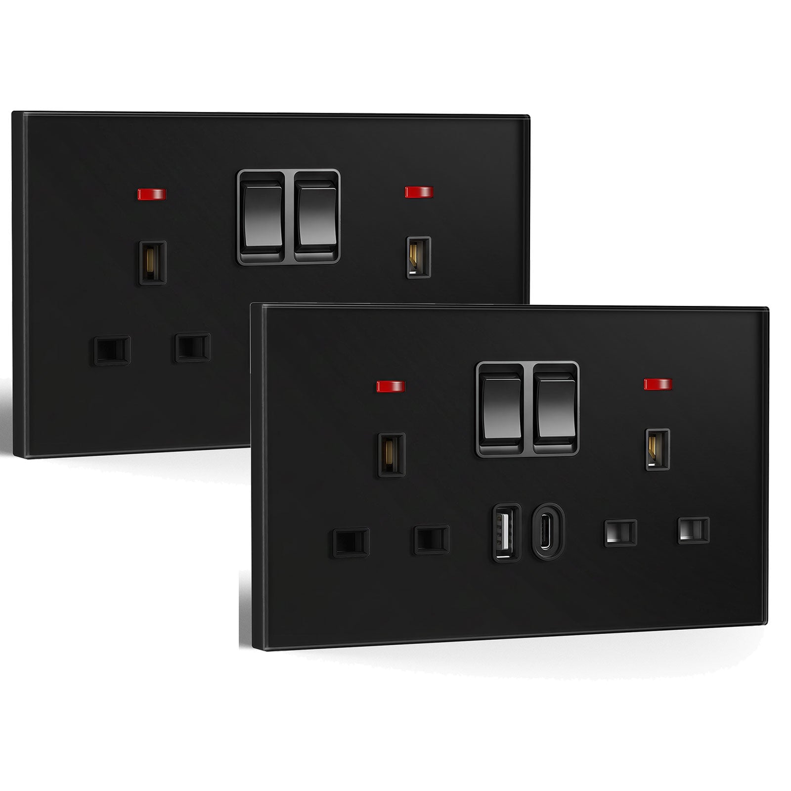 Tomada de 13A padrão Reino Unido da série C6 da BSEED com porta USB-C, tomadas e interruptores, cor preta, pacote de 2 unidades, tomada dupla
