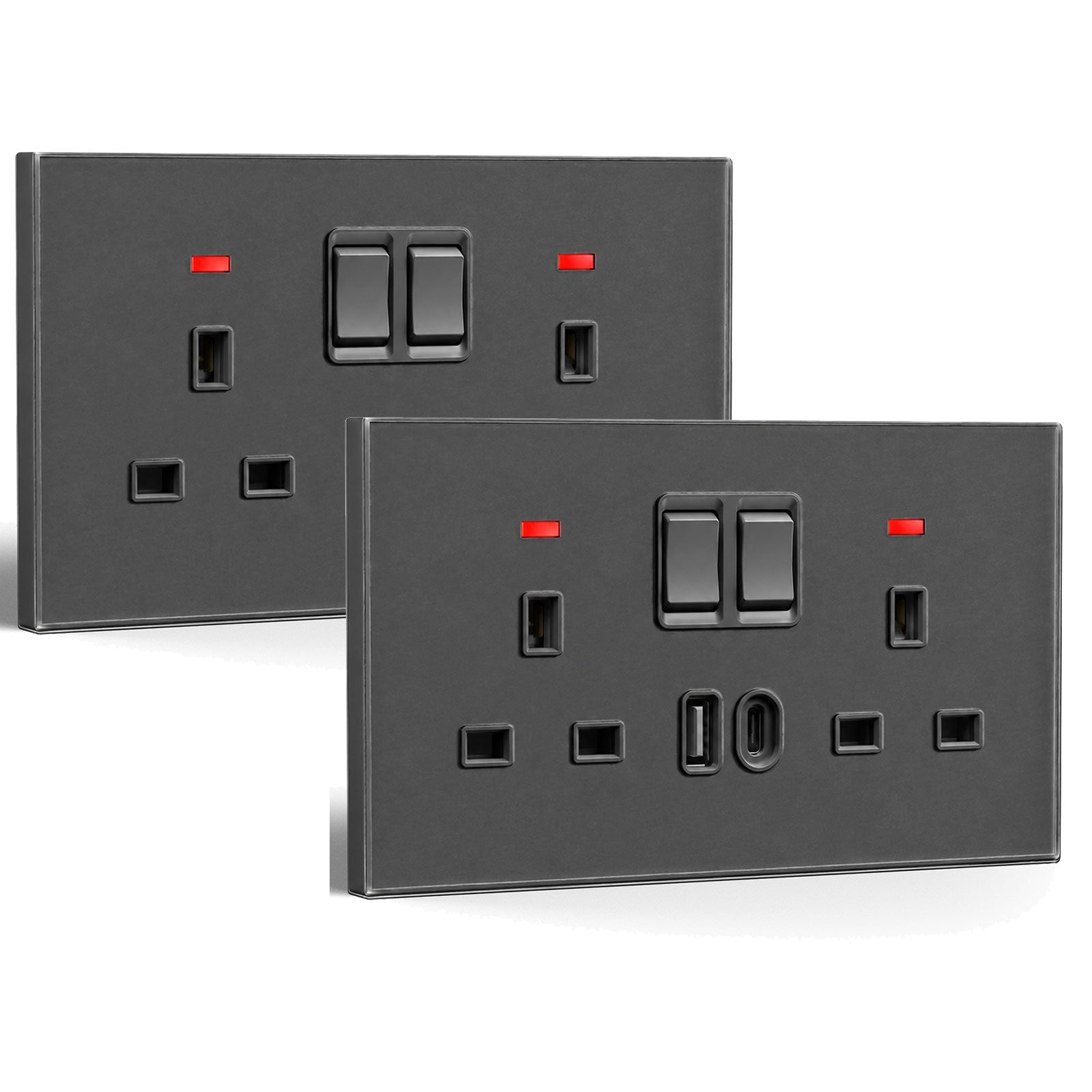 Tomada de 13A padrão Reino Unido da série BSEED C6 com porta USB-C, tomadas e interruptores, cinzento, pacote de 2 unidades, tomada dupla