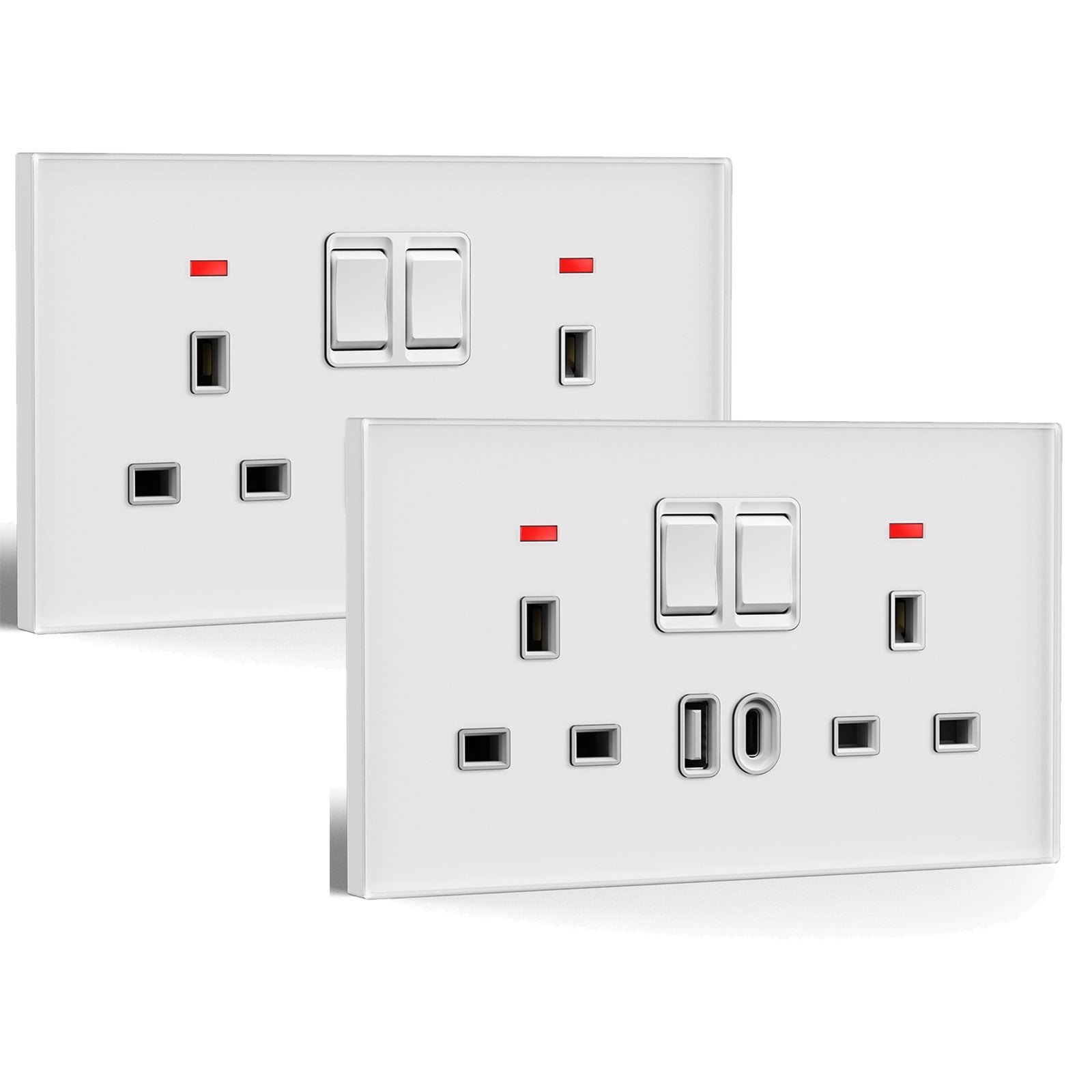 Tomada de 13A padrão Reino Unido da série BSEED C6 com porta USB-C, tomadas e interruptores, branco, pacote de 2 unidades, tomada dupla