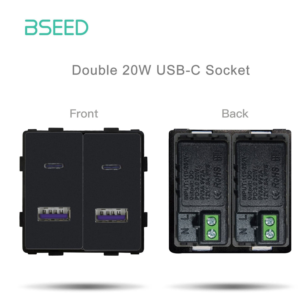 Touche de fonction pour prise murale standard UE/UK/Russie Bseed, accessoire de bricolage pour plaques et couvercles muraux, touche de fonction pour prise double USB-C Bseed noire 