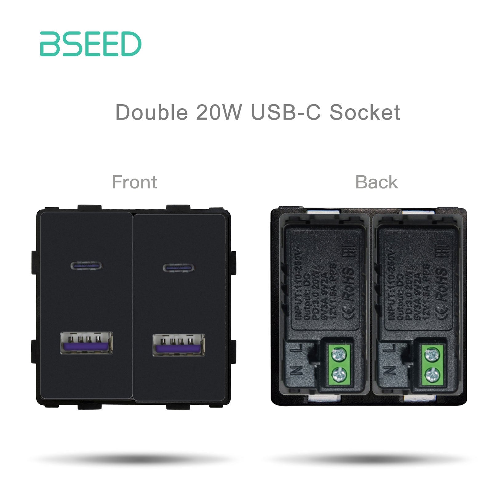 Bseed EU UK Russia Standard Plastic Socket Button Switch Function Key DIY Home Improvement Wall Plates & Covers Bseedswitch Black Double USB-C Socket Function Key 