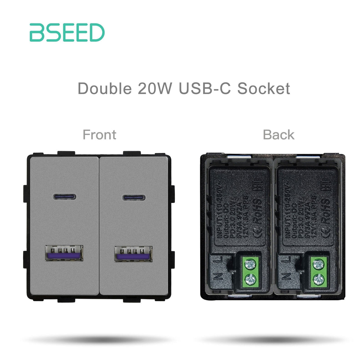Touche de fonction pour prise murale standard UE/UK/Russie Bseed, accessoire de bricolage pour maison, plaque et couvercle Bseedswitch, touche de fonction pour prise double USB-C grise 