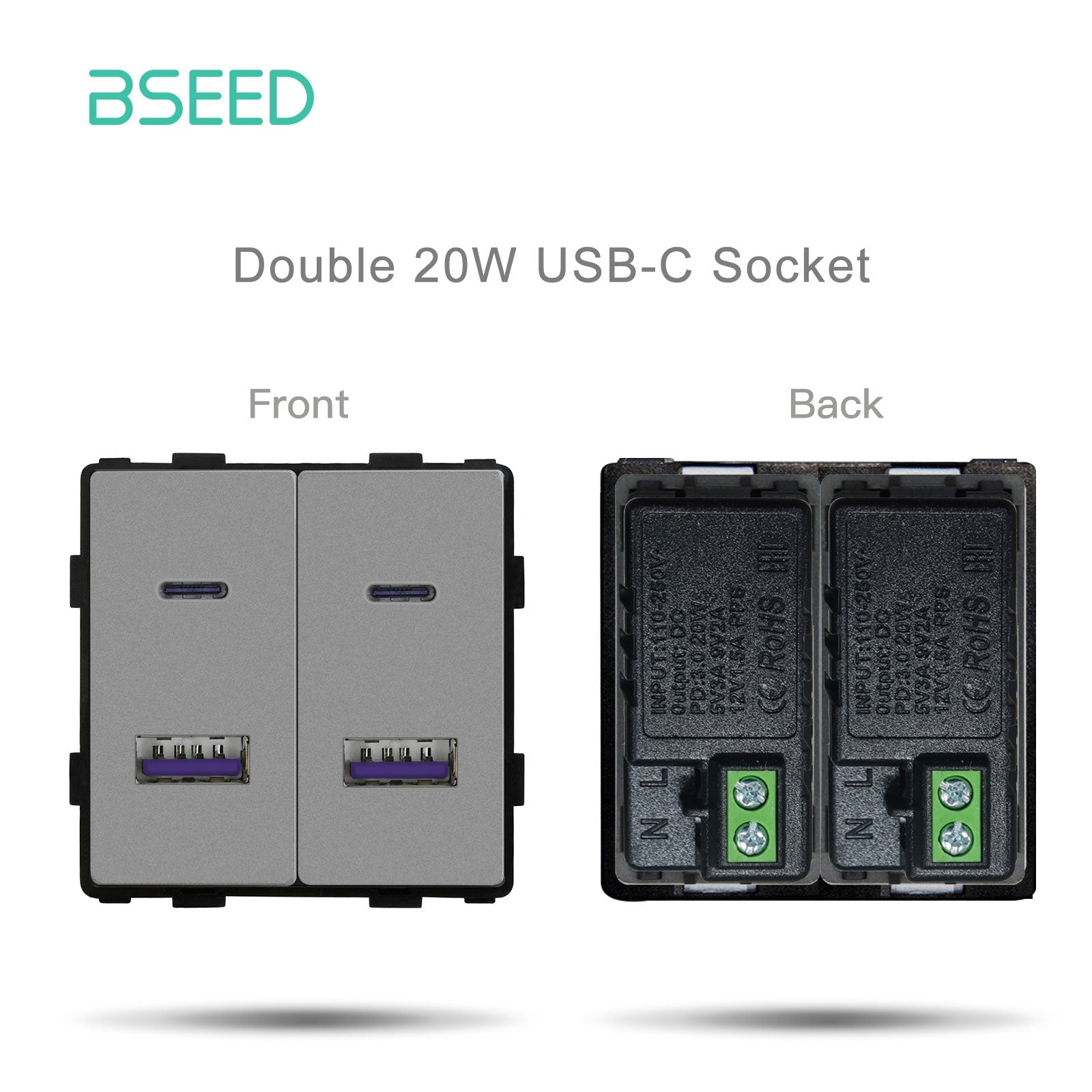 Bseed EU UK Russia Standard Plastic Socket Button Switch Function Key DIY Home Improvement Wall Plates & Covers Bseedswitch Grey Double USB-C Socket Function Key 