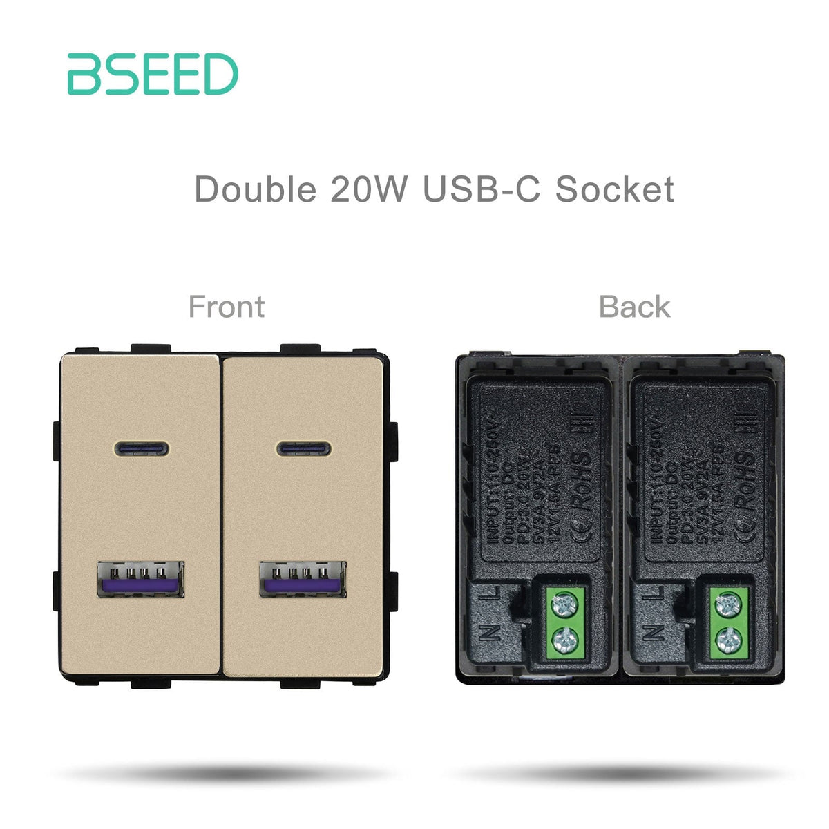 Touche de fonction pour interrupteur à bouton et prise électrique standard UE/UK/Russie Bseed, plaques et couvercles muraux pour bricolage, touche de fonction pour prise double USB-C Bseed Gold 