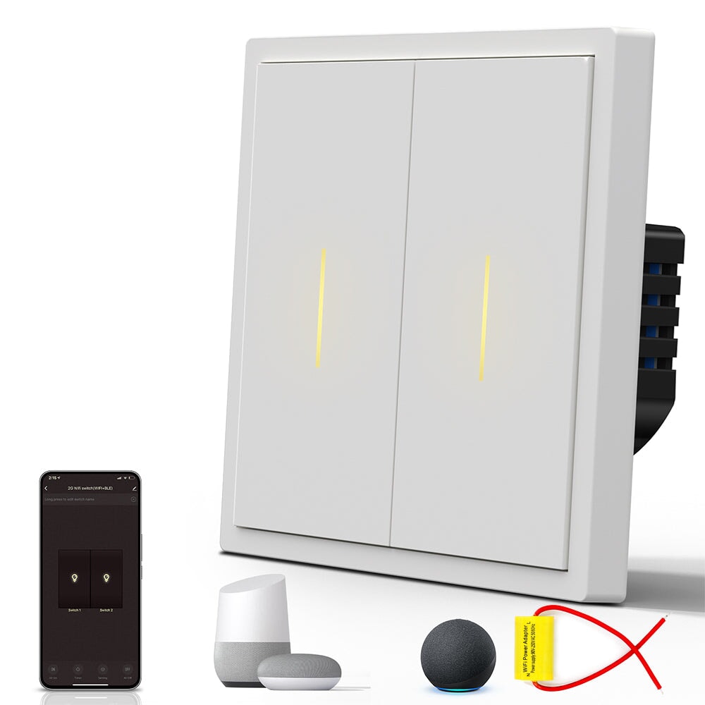 BSEED Scale Series Smart Wifi Light Switch Work With Alexa Google Assistant (No Neutral) Light Switches Bseedswitch White 2 Gang 1 PCS/Pack