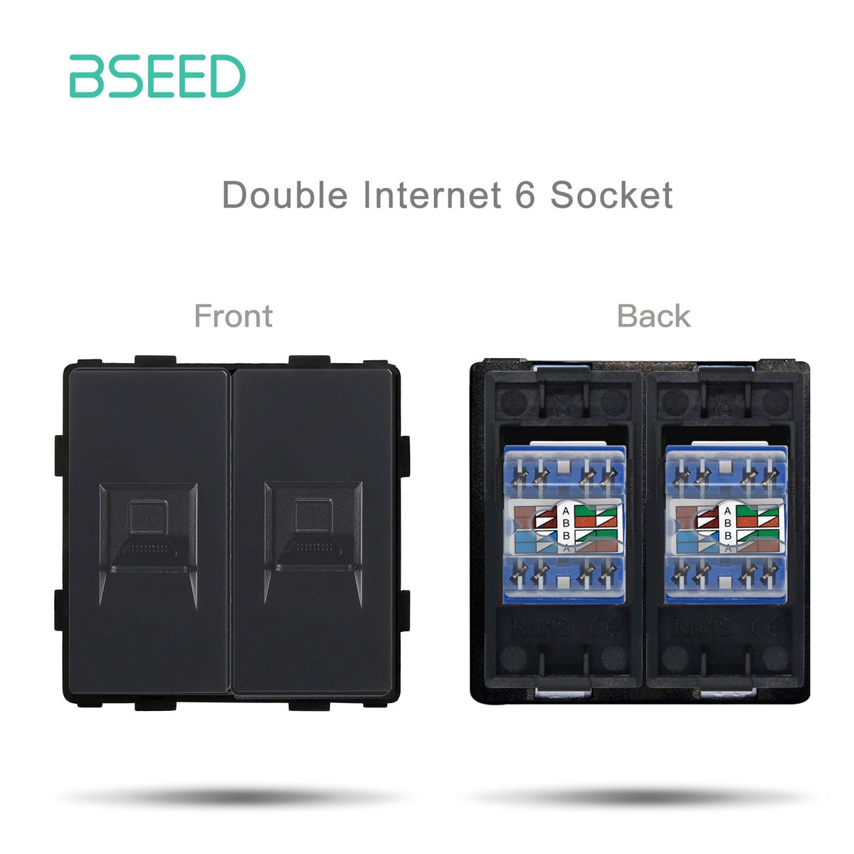 Bseed EU UK Russie Standard Prise en plastique Bouton Interrupteur Touche de fonction DIY Amélioration de l'habitat Plaques murales et couvercles Bseedswitch Prise double CAT6 (PC) Touche de fonction noire 