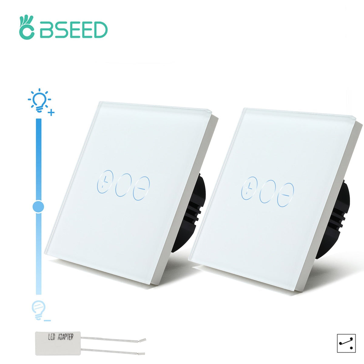 BSEED 2Pieces 1Gang 2Way Touch Dimmer Wall Switches EU Standard Crystal Panel Light Switches Bseedswitch White 