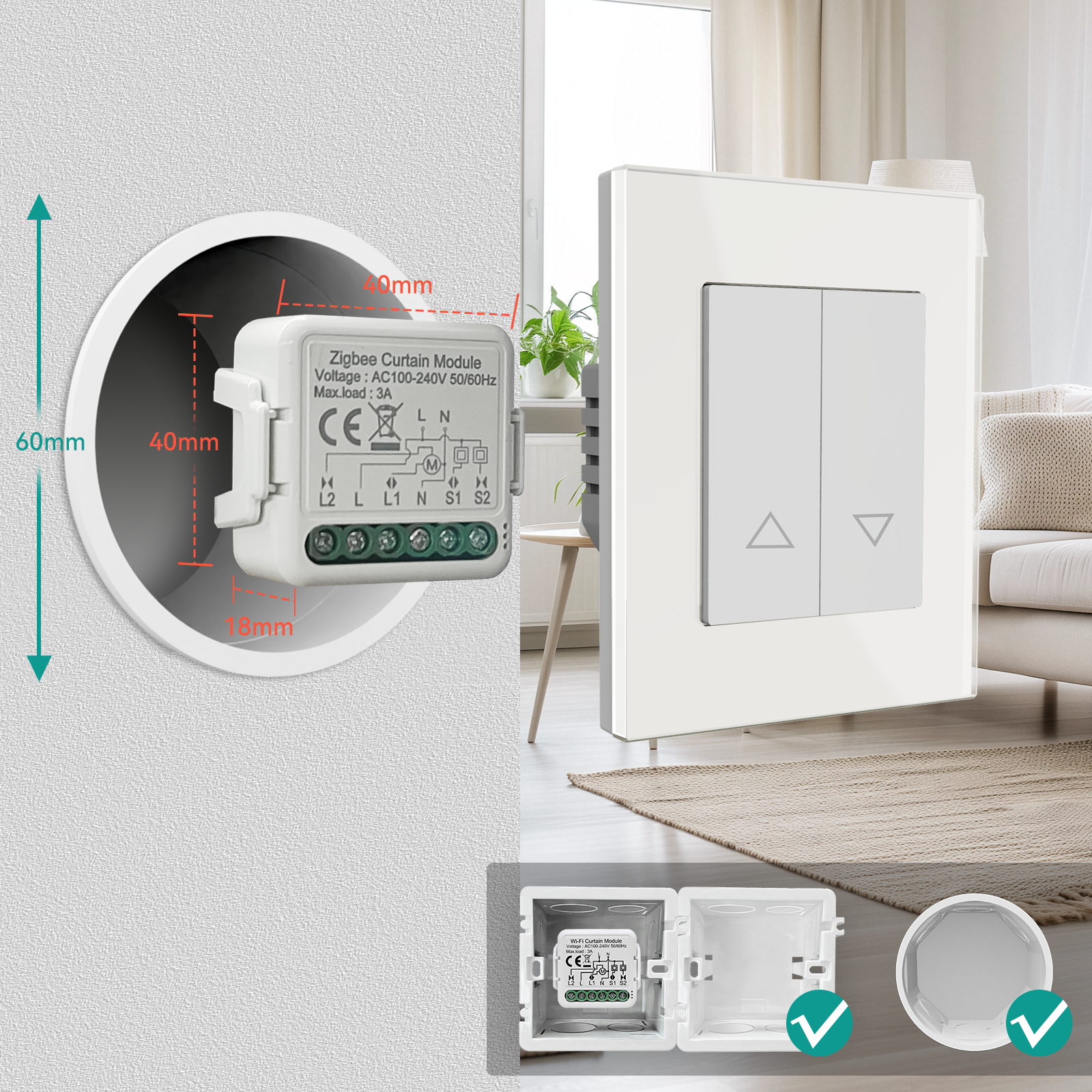 BSEED Smart Zigbee Curtain switch module smart switch for control of curtains blinds and shutters.